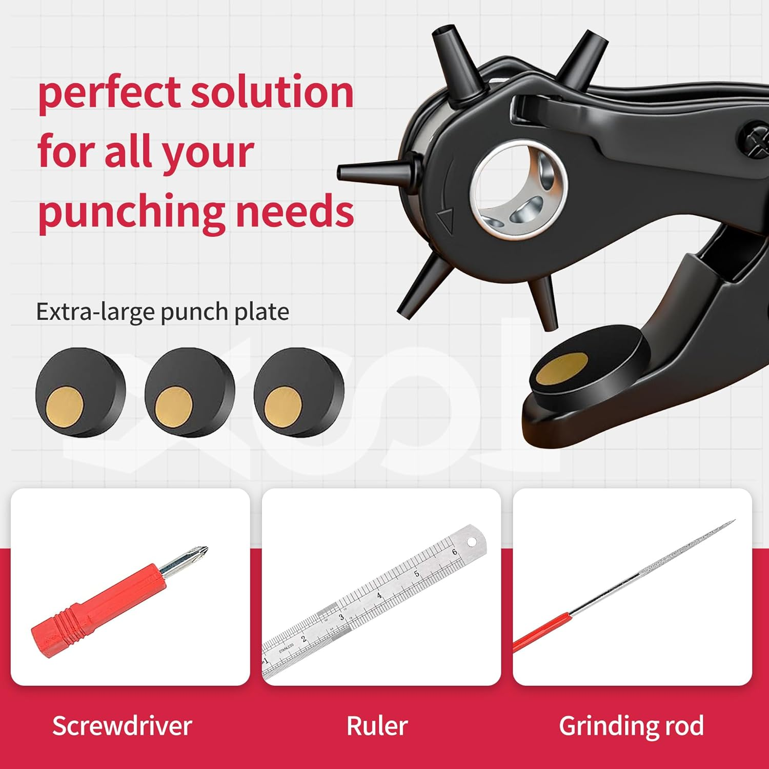 Revolving Punch Plier Kit Punch Hole Tool Including Punch Plier Brass Pad Screwdriver and Grinding Rod for Belt Saddle Watch Strap Shoe Fabric Paper Etc image number 2