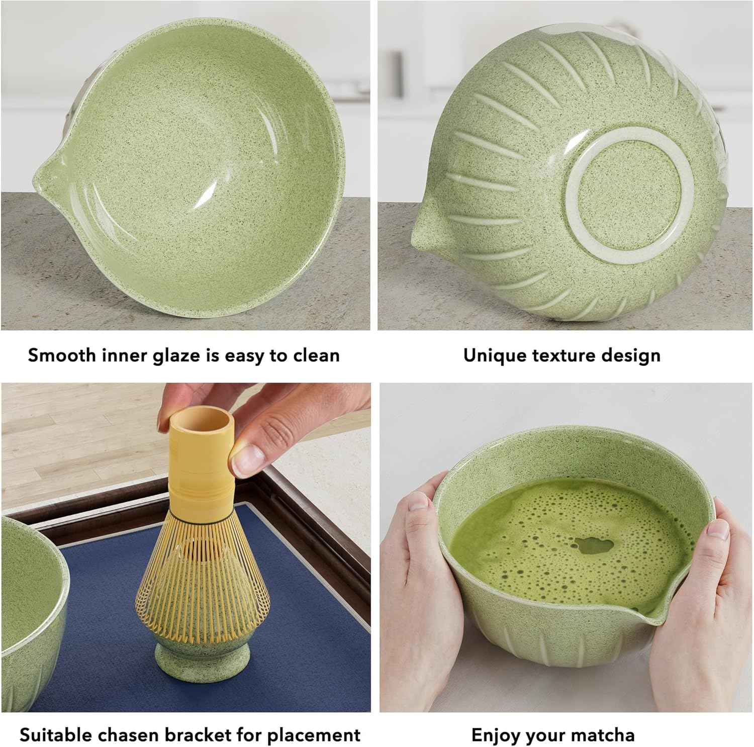 Traditional Japanese Matcha Tea Ceremony Set, 7-Piece Premium Ceramic Bowl and Bamboo Whisk Kit, with Scoop, Holder, Sifter, Rest, Tea Towel (Green) image number 2