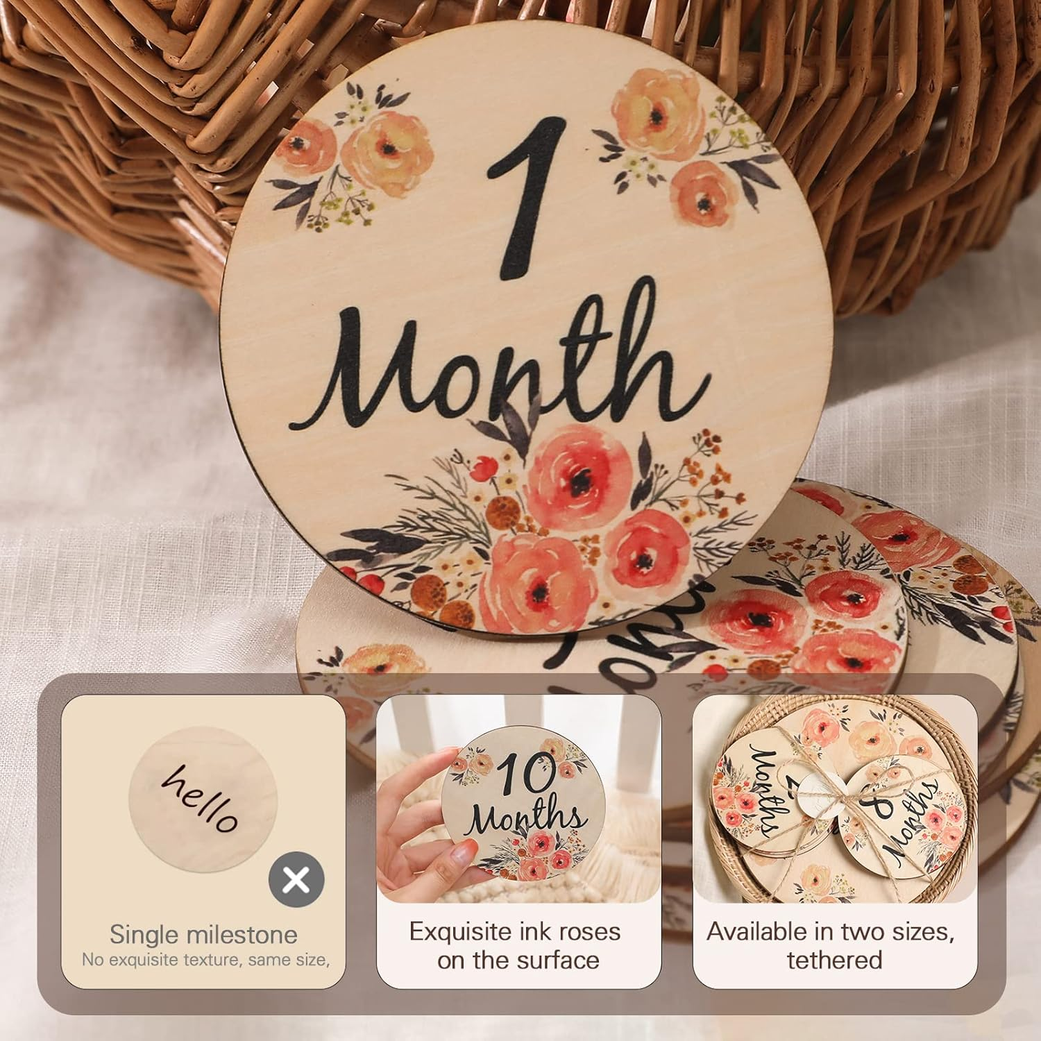 Promise Babe Milestone Numbers Props, Baby Wooden Milestone Cards Weekly Monthly Growth Milestone Signs Baby Announcement Props 8Pcs