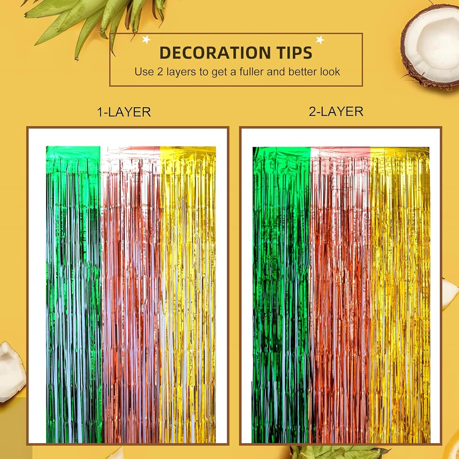 Hawaiian Luau Party Foil Fringe Curtains,2 Packs of 3.3X6.6 Ft Green Brown and Yellow Foil Fringe Curtains,Tinsel Photo Booth Props,Streamer Backdrop for Hawaiian Tropical Beach Party Decorations image number 4