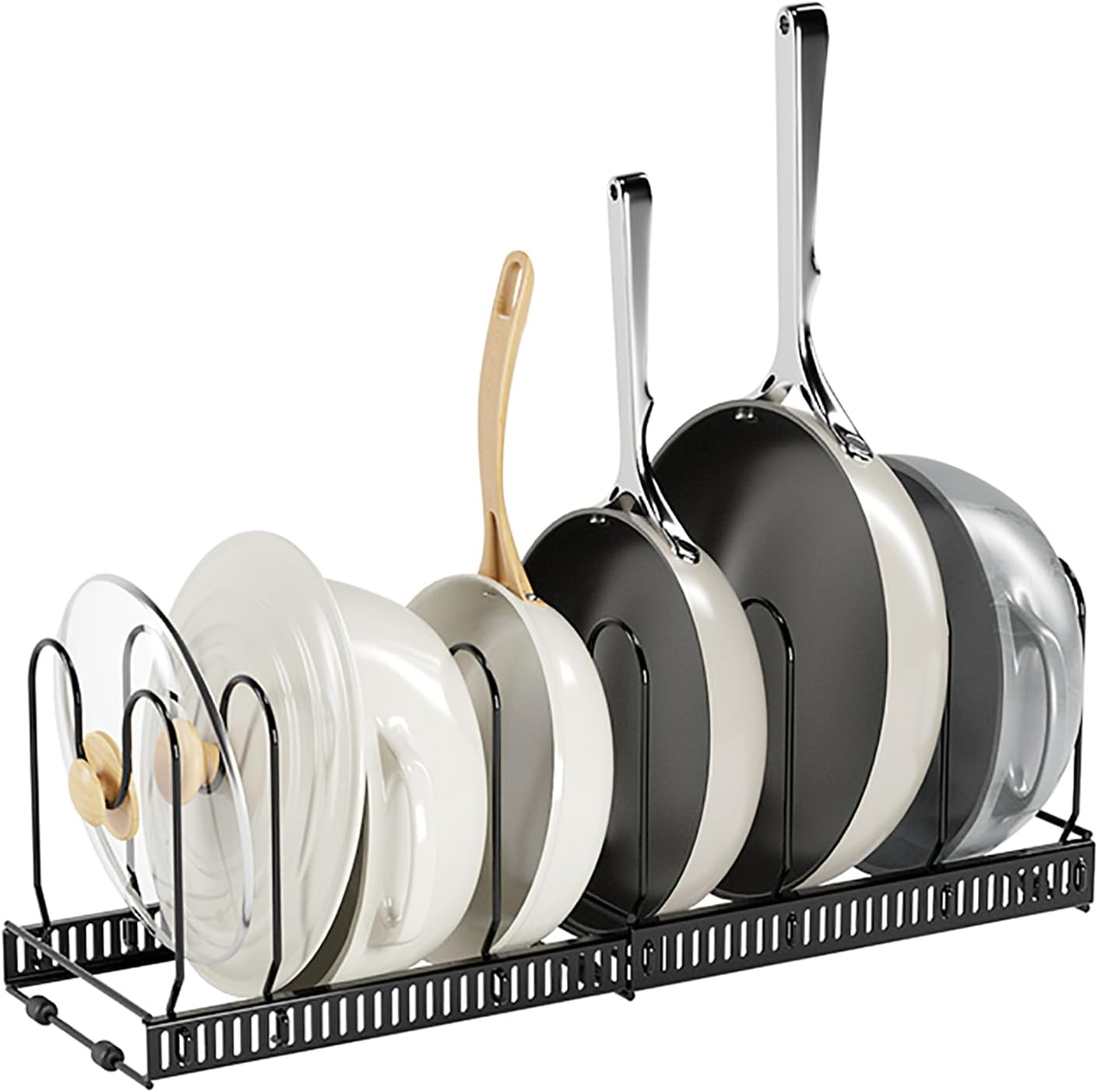 Merrynine Expandable Pans Organizer Rack, 10 Adjustable Compartments, 30-58 CM, Cookware Holder for Pantry or Cabinet, Kitchen Home Storage & Organisation, Black image number 5