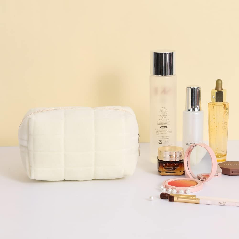 LYDZTION Plush Makeup Bag Cosmetic Bag for Women,Zipper Large Solid Color Travel Toiletry Bag Travel Make up Toiletry Bag Washing Pouch, White image number 6
