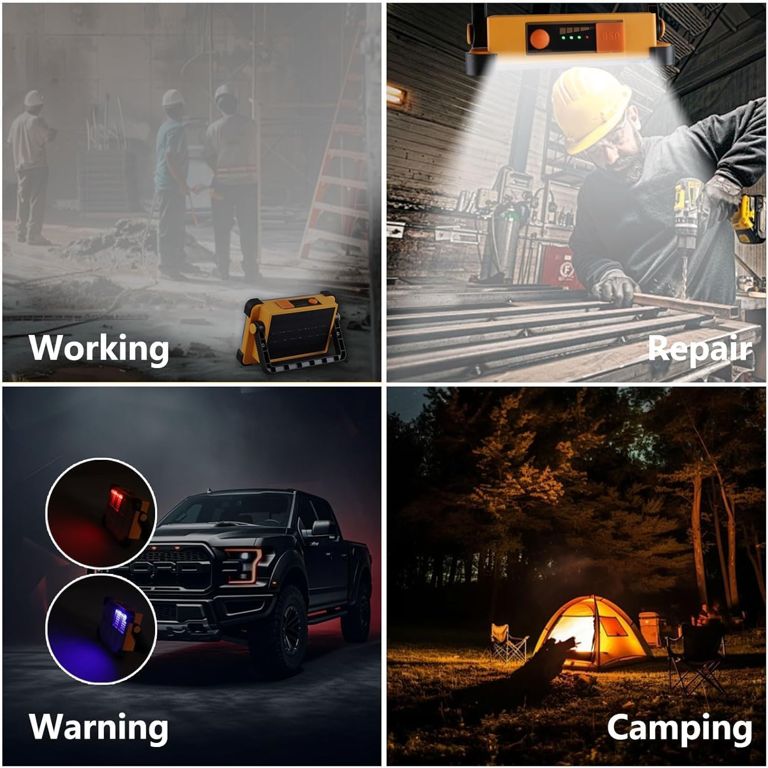 2 Pack 120W Solar Rechargeable Work Light, 144 LED 10000LM Portable Flood Light with Stand, IP66 Waterproof Power Bank 4 Modes LED Job Site Lighting Flashlights for Mechanic Camping Fishing Car Repair image number 3