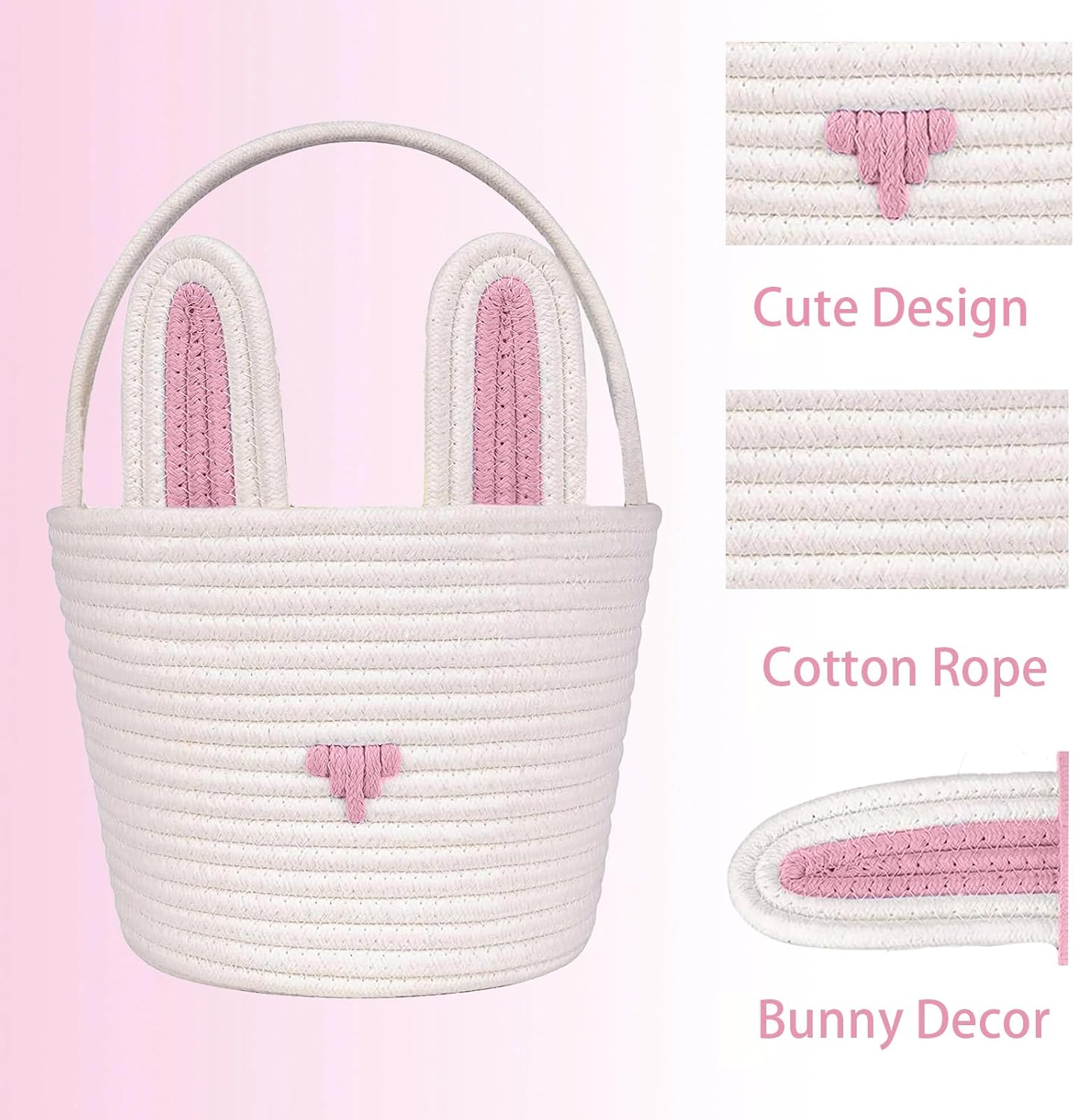 Poschnor Easter Basket for Gifts, Empty Cotton Bunny Basket Bin with Handles, Baby Toy Storage Organizer, Pink/White image number 5