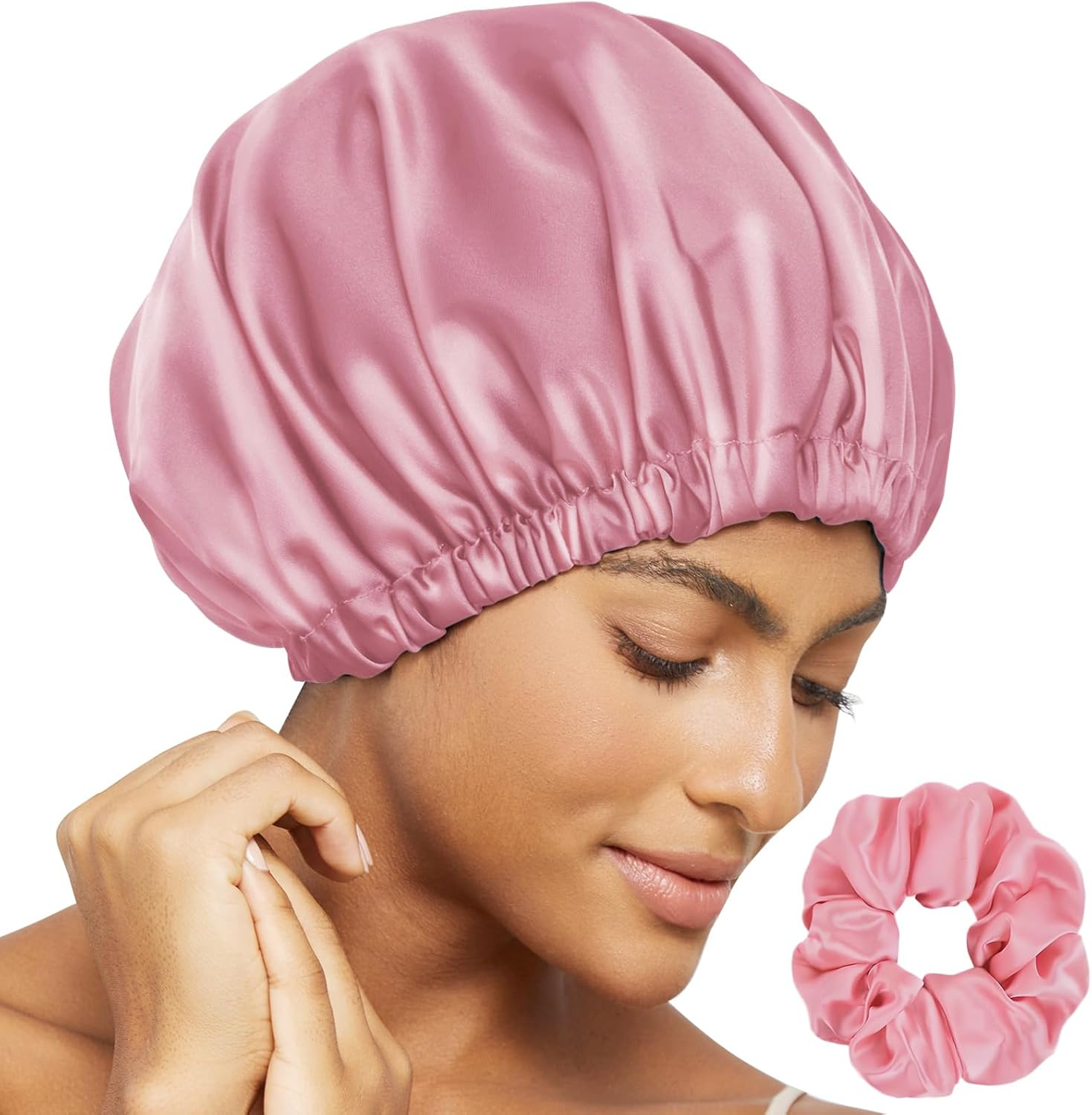 Satin Bonnet Silk Bonnet for Sleeping Women, Double Layer Hair Bonnet Wrap Sleep Cap for Women Curly Hair, Black, One Size