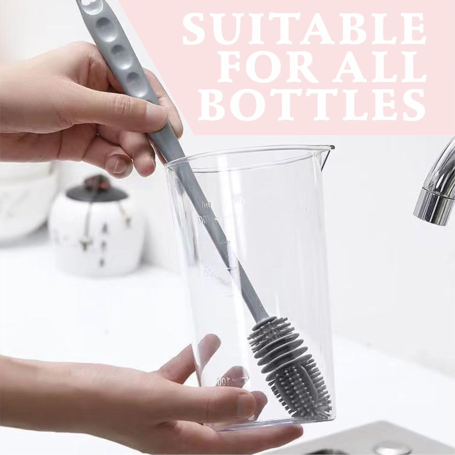 Silicone Bottle Brush,Long Handled Silicone Bottle,Perfect for Cleaning Brush Cleaning Vases, Sports Bottles, Glassware Water Bottles, Suitable for Cleaning Narrow Neck Container (2 PCS Grey White) image number 2