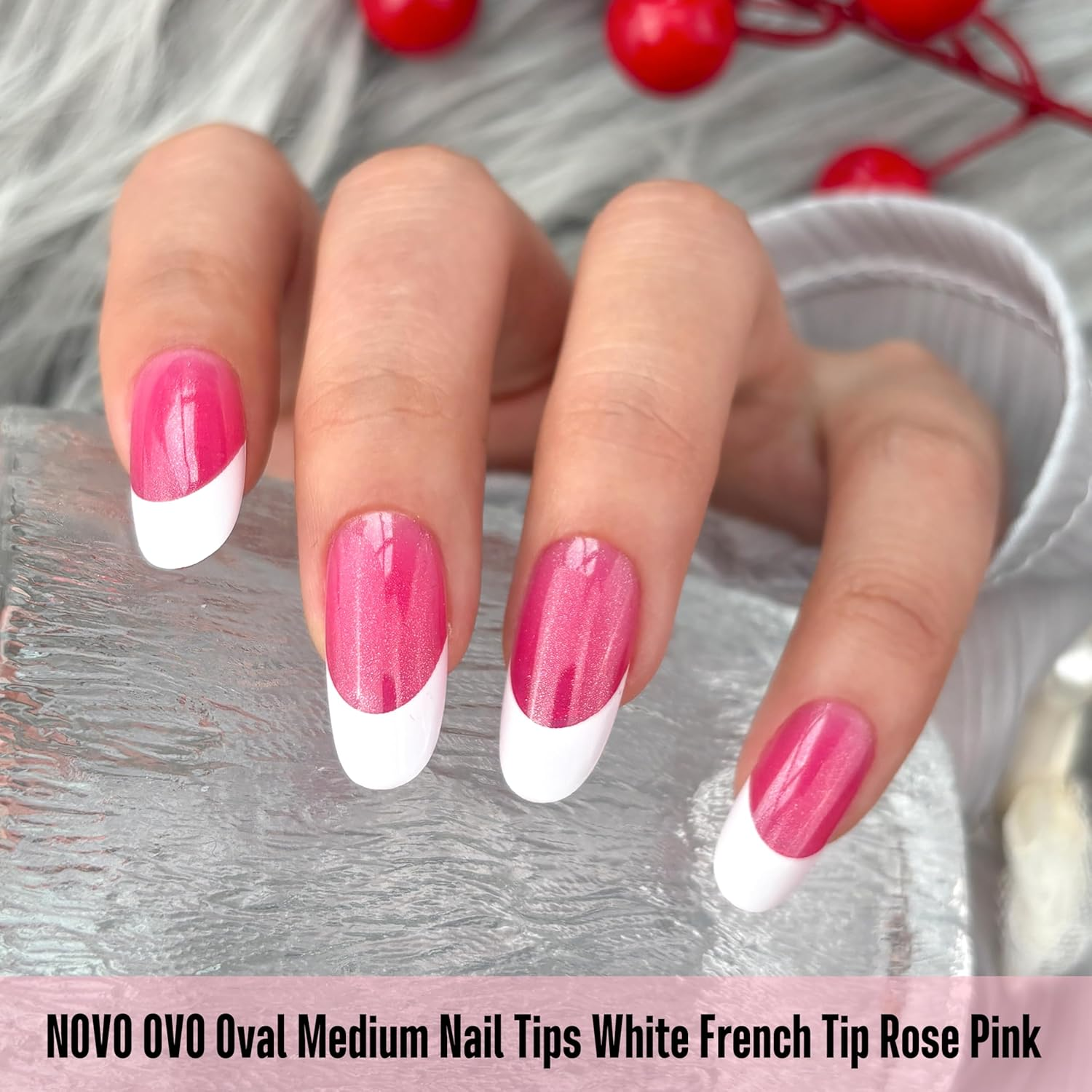NOVO OVO White French Tip Oval Nail Tips Press on ROSE PINK, Extra Thick Medium Soft Gel Fake Nail Acrylic Extension, Need Builder Gel Top Coat, No Glue Included, for Salon DIY X 15 Sizes 240 Pcs