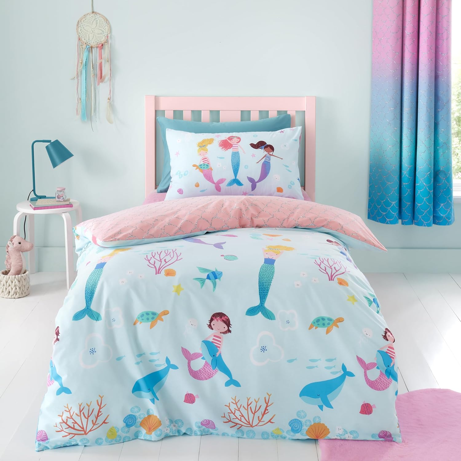Catherine Lansfield Mermaid Reversible Single Duvet Cover Set with Pillowcase Blue image number 2