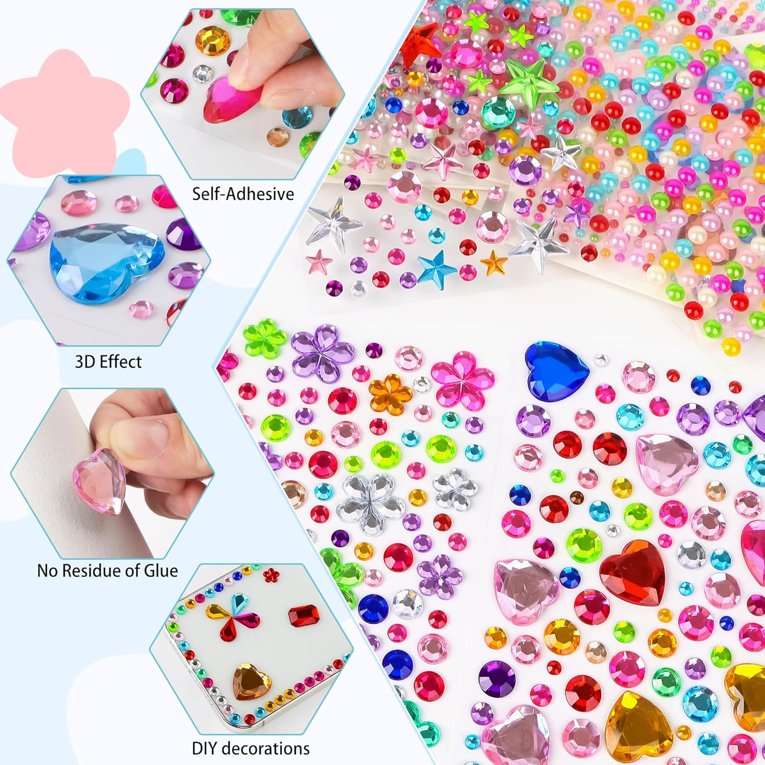 6059Pcs Gem Stickers 20 Sheets Rhinestone Stickers for Crafts Self Adhesive, Glitter Sticker DIY Decoration Assorted Shapes Acrylic Diamond Bling Heart Star Sticker for Face Eyes Nail Hair for Women image number 4