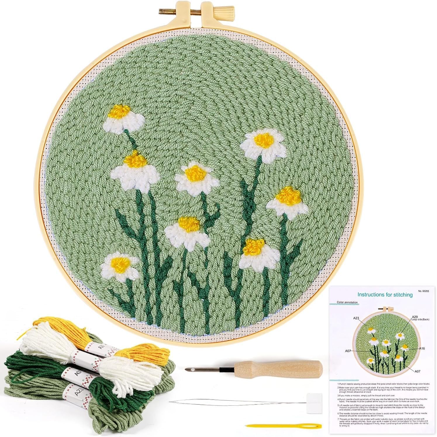 Punch Needle Embroidery Starter Kits, Daisy Flower Punch Needle Kits for Adults Beginner, Punch Needle Kit Tool with Instruction Threader Fabric Yarns and Hoop (65205) image number 5