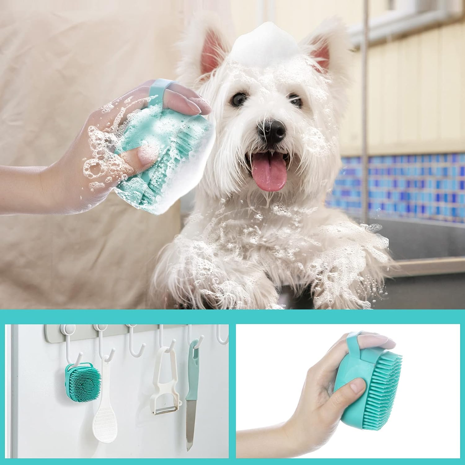Dog Cat Bath Brush, with Soap and Shampoo Dispenser Dog Grooming Brush Massage Brush Soft Silicone Rubber Bristle for Short Haired Dogs Cats Shower(Blue) image number 5