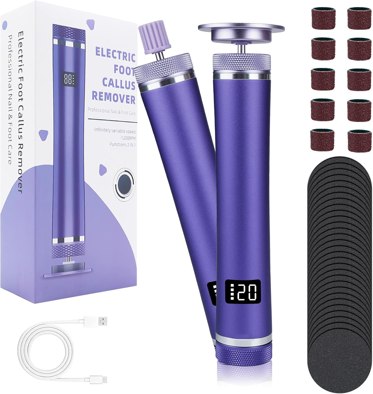 2-In-1 Electric Callus Remover, 6 Adjustable Electric Callus Remover with Replaceable Foot Files, Rechargeable Professional Callus Remover for Feet, Heels, Callus, Purple image number 2