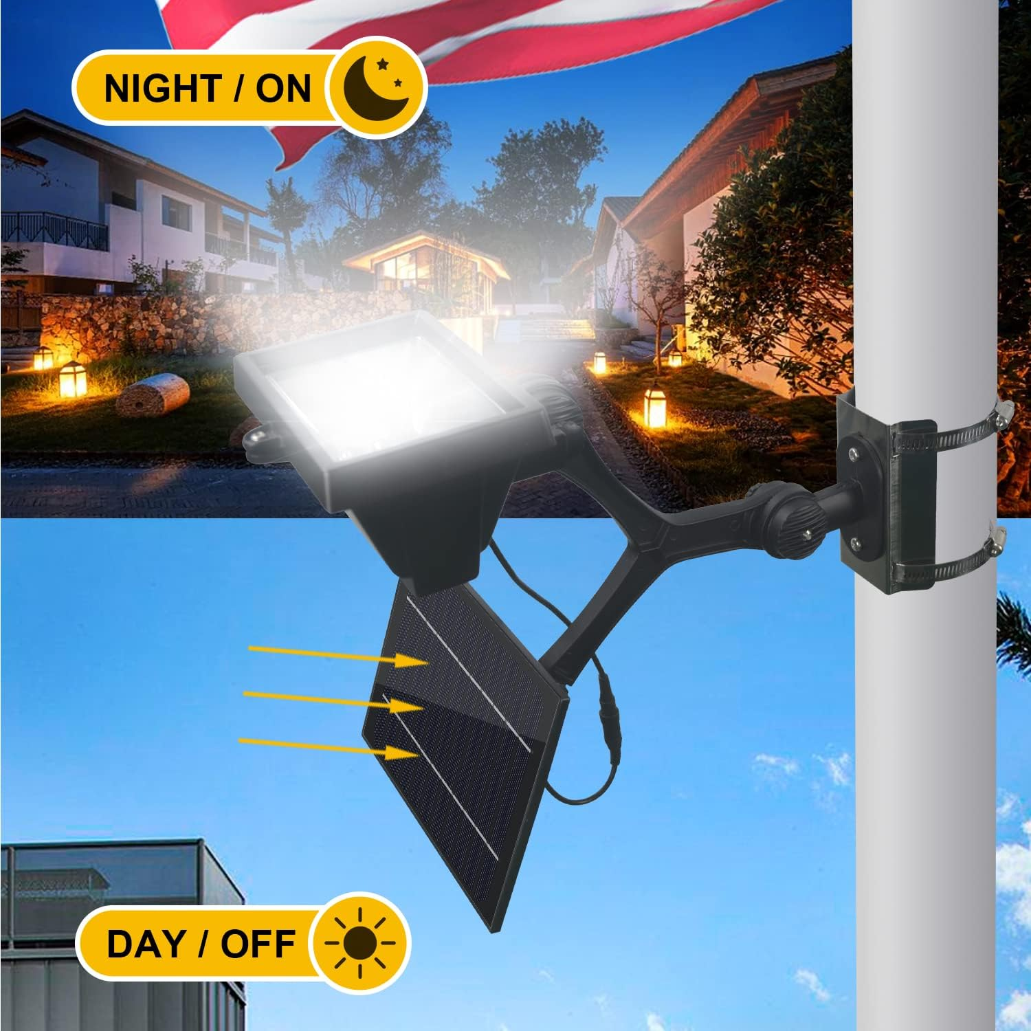 Flag Pole Light Solar Powered 12 Ultra Bright LED 6000K White Adjustable Metal Clamp Fits 2-6" Diameter Flagpoles Outdoor Dusk to Dawn 100% Coverage Lights Black image number 1