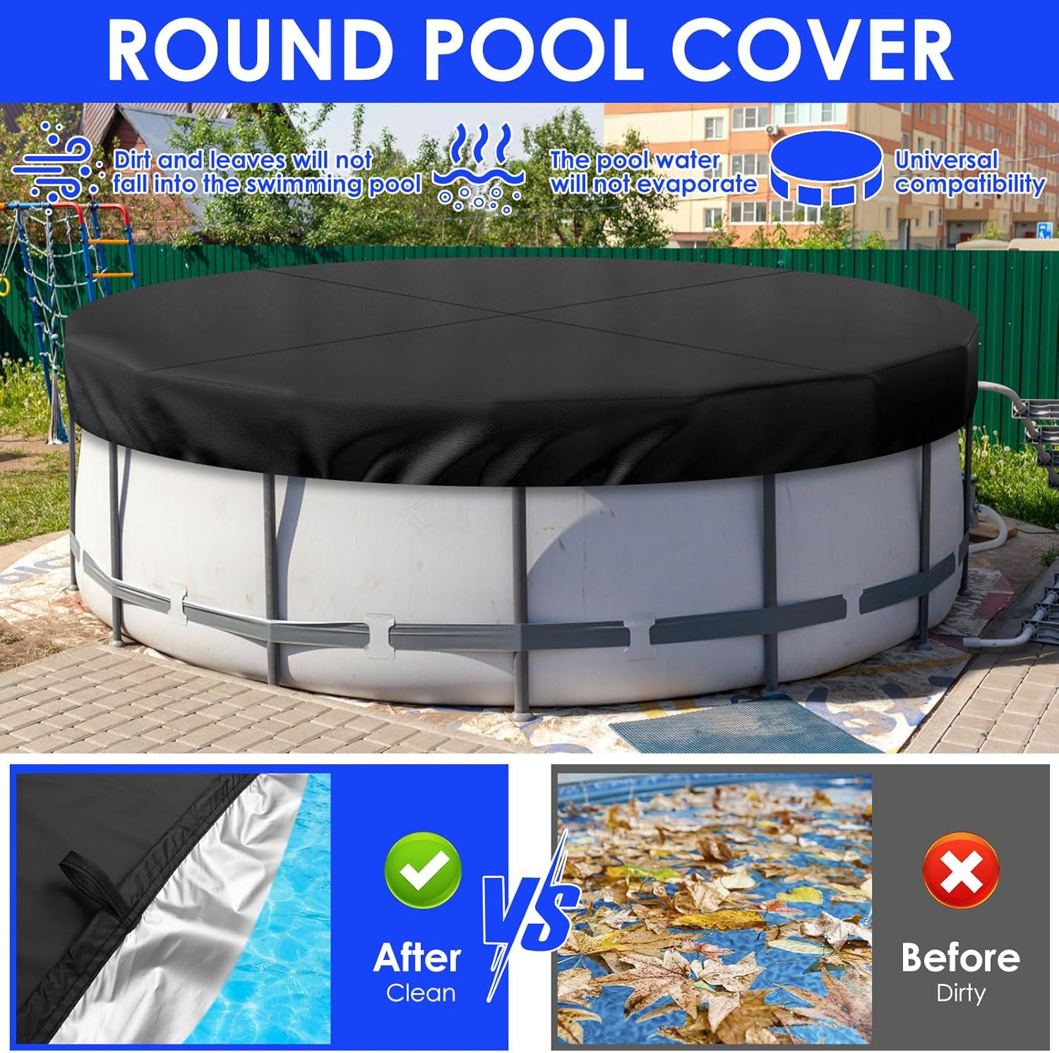 Fxvhojq round Pool Cover with Drawstring Design Sturdy 210D Oxford Cloth Inground Pool Cover Protector for Waterproof and Dustproof(Black,12 Feet) image number 6