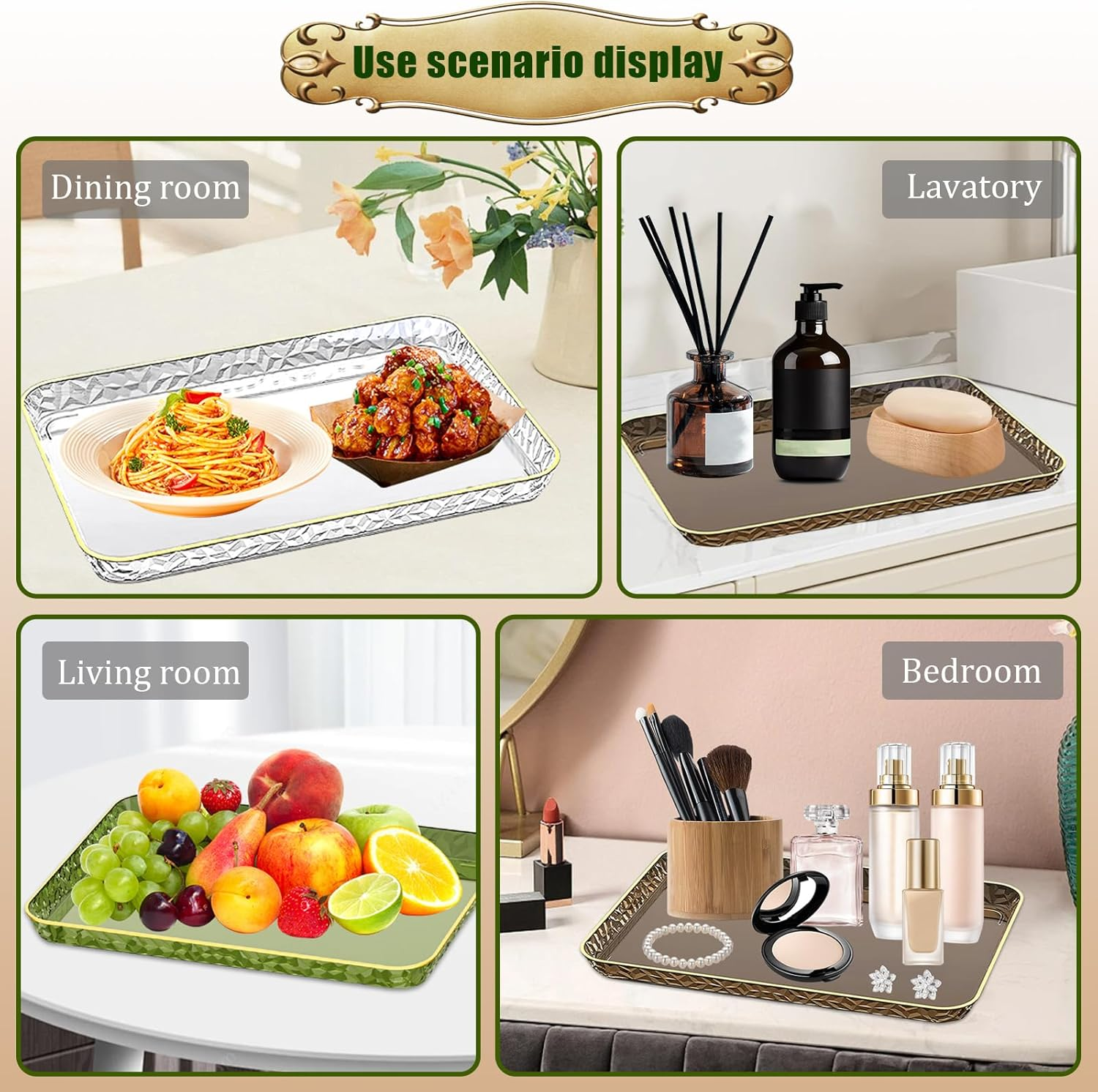 Fkereg Rectangular Food Serving Tray with Raised Gold Embossed Rim, 37 X 25.7 Cm Reusable Plastic Party Platters Plates, Decorative Fast Food Cafeteria Tray for Tea Fruits Desserts Appetizer, White image number 4