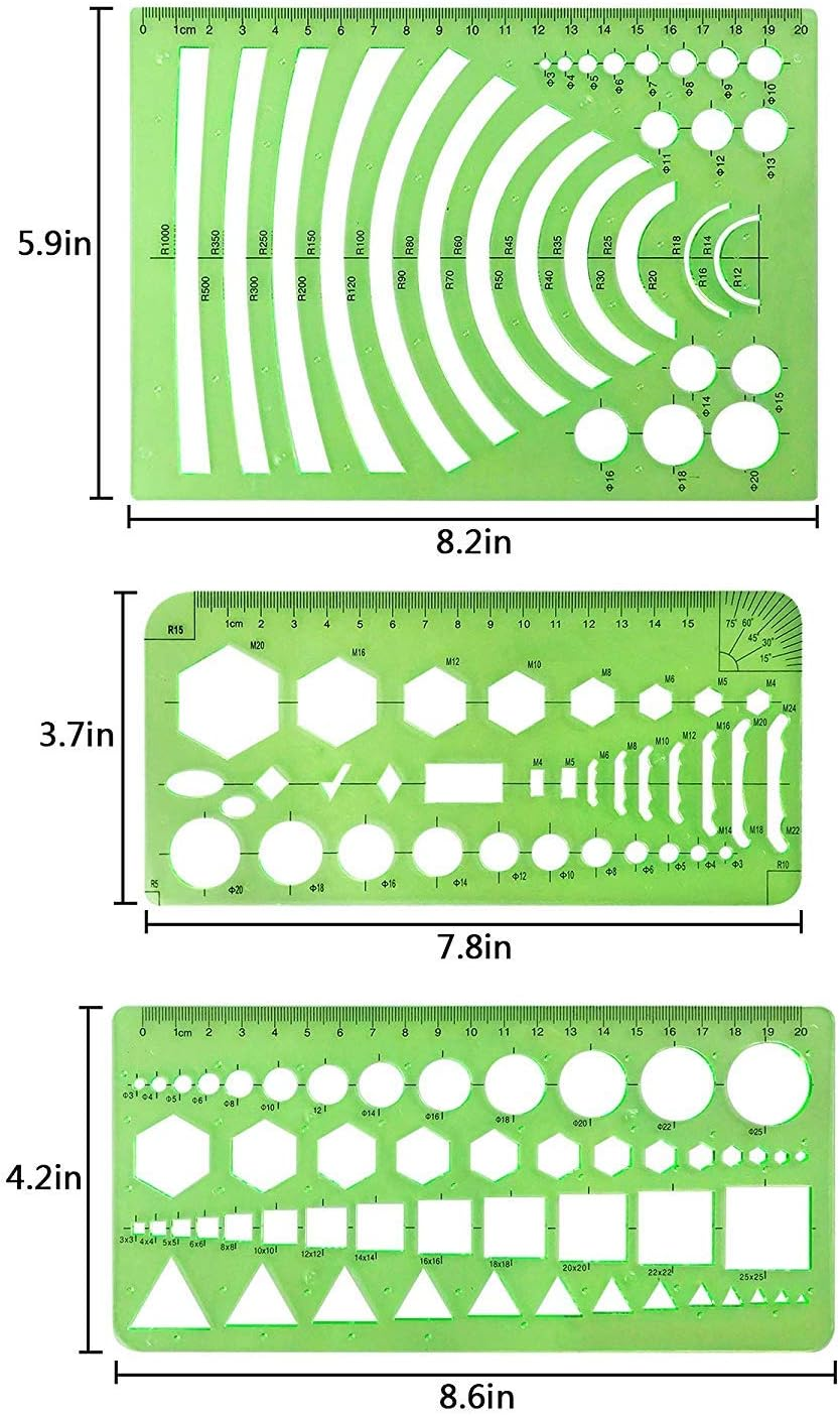 Onwon 10 Pieces Drawings Templates Stencils Measuring Templates Clear Green Plastic Geometric Rulers Draft Rulers for Drawing Engineering Drafting Building School Office Supplies