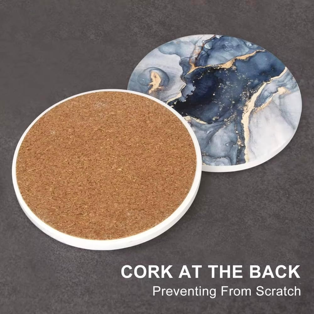 VERSACRAFT 6 Pcs Navy Blue Marble Abstract Ceramic Coasters with Holder image number 5