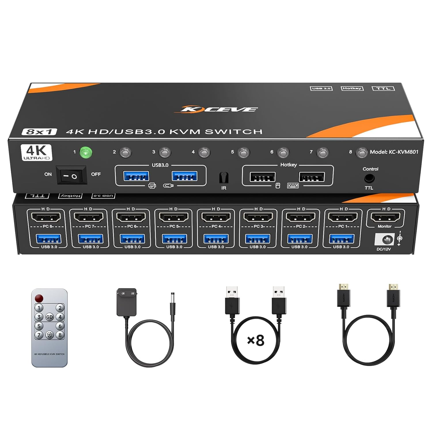 8 Port HDMI KVM Switch 8 Computers 4K@60Hz/1080P@144Hz USB 3.0 Hubs 8 in 1 Out for 8 Pcs Share 1 Monitor Keyboard Mouse Printer Scanner, Support Hotkey, Remote Control & TTL Controller