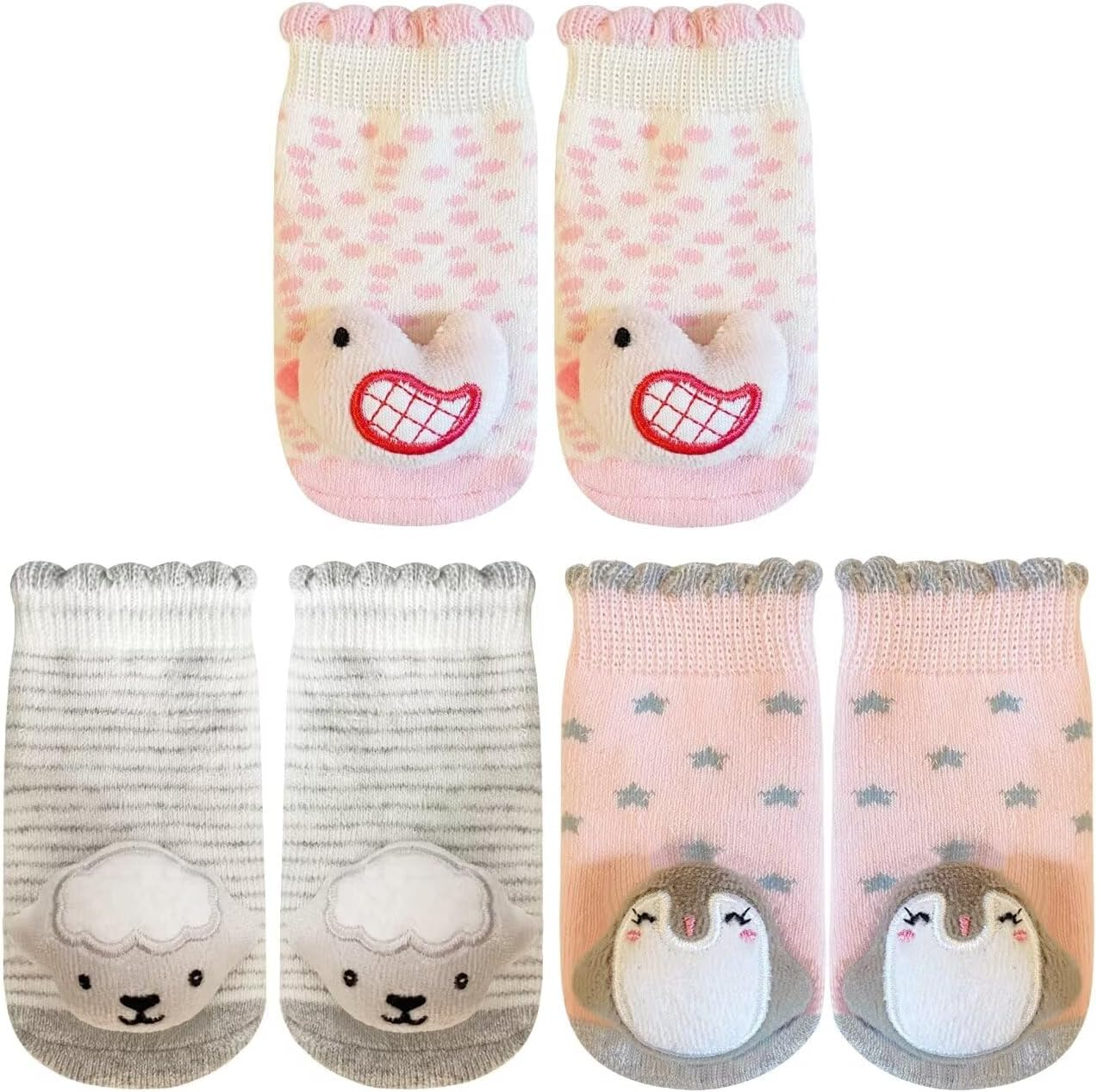 PUPPET Baby Girl Rattle Socks Set for 0-6 Months 3-Pack Adorable Infant Socks with Playful Puffy Animal Face Design image number 2