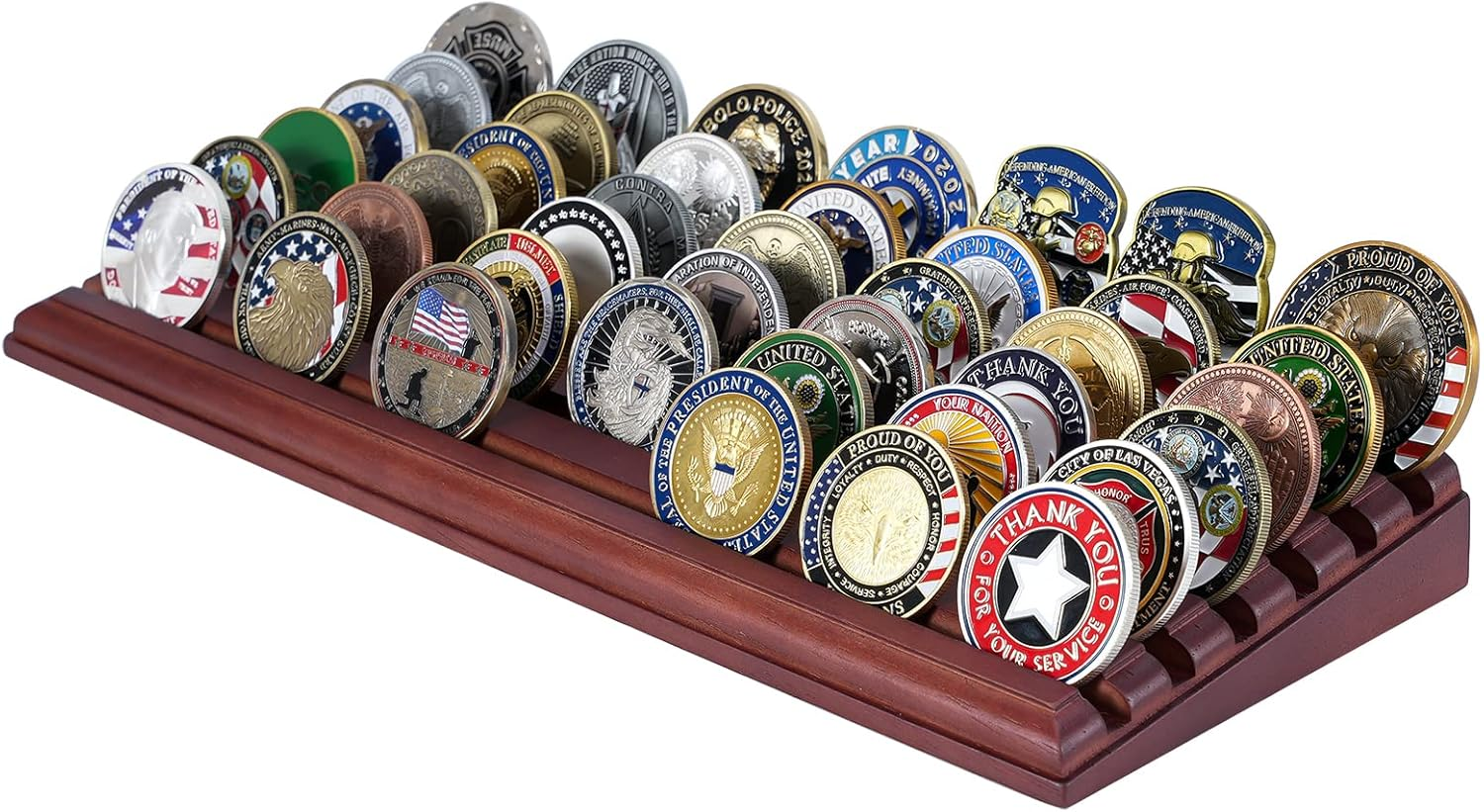 LIUYALO Military Challenge Coins Display Stand - 6 Row (Walnut Wooden Base with Black Felt Background)