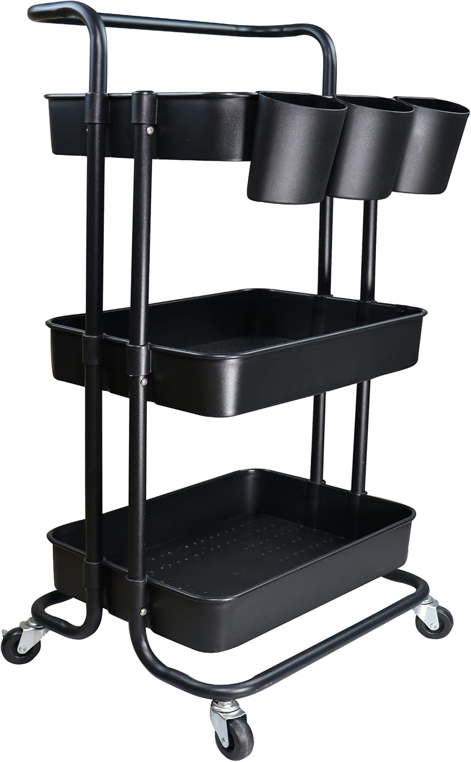 3 Tier Utility Rolling Cart Storage Organizer Shelf Multifunction Rack with 3PCS Hanging Cups for Home Office Kitchen Bathroom Store (3Pcs Cups White)