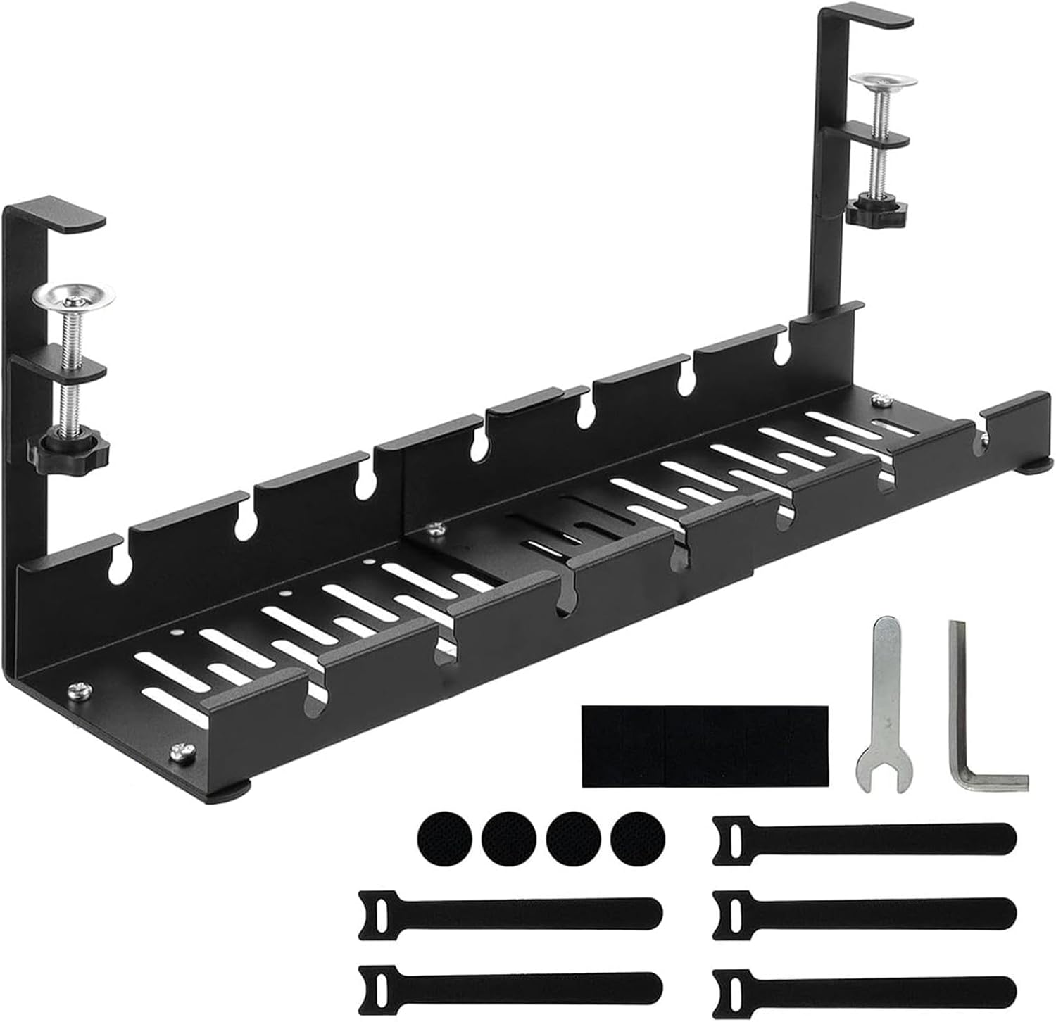 No Drilling Extendable under Desk Cable Management,Metal Cable Management Tray under Desk with Retractable Clamp for Wire Management, Sturdy Metal Tray Basket for Home Office(Color:Black) image number 3