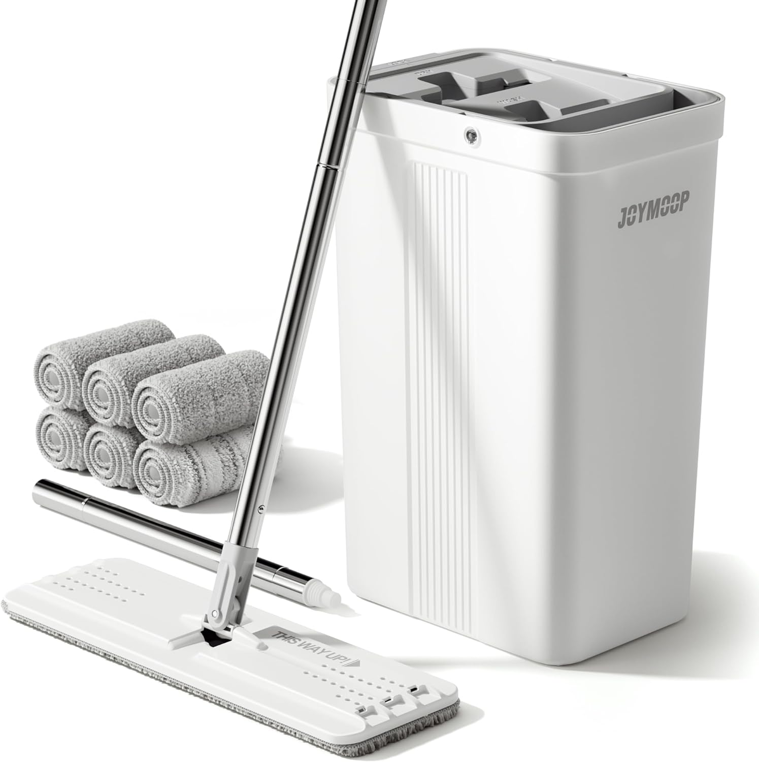 JOYMOOP Mop and Bucket Set with Wringer, White Flat Mops for Floor Cleaning, Hands Free Wet Dry Use, 60" Microfiber Mop with 6 Reusbale Microfiber Pads image number 2