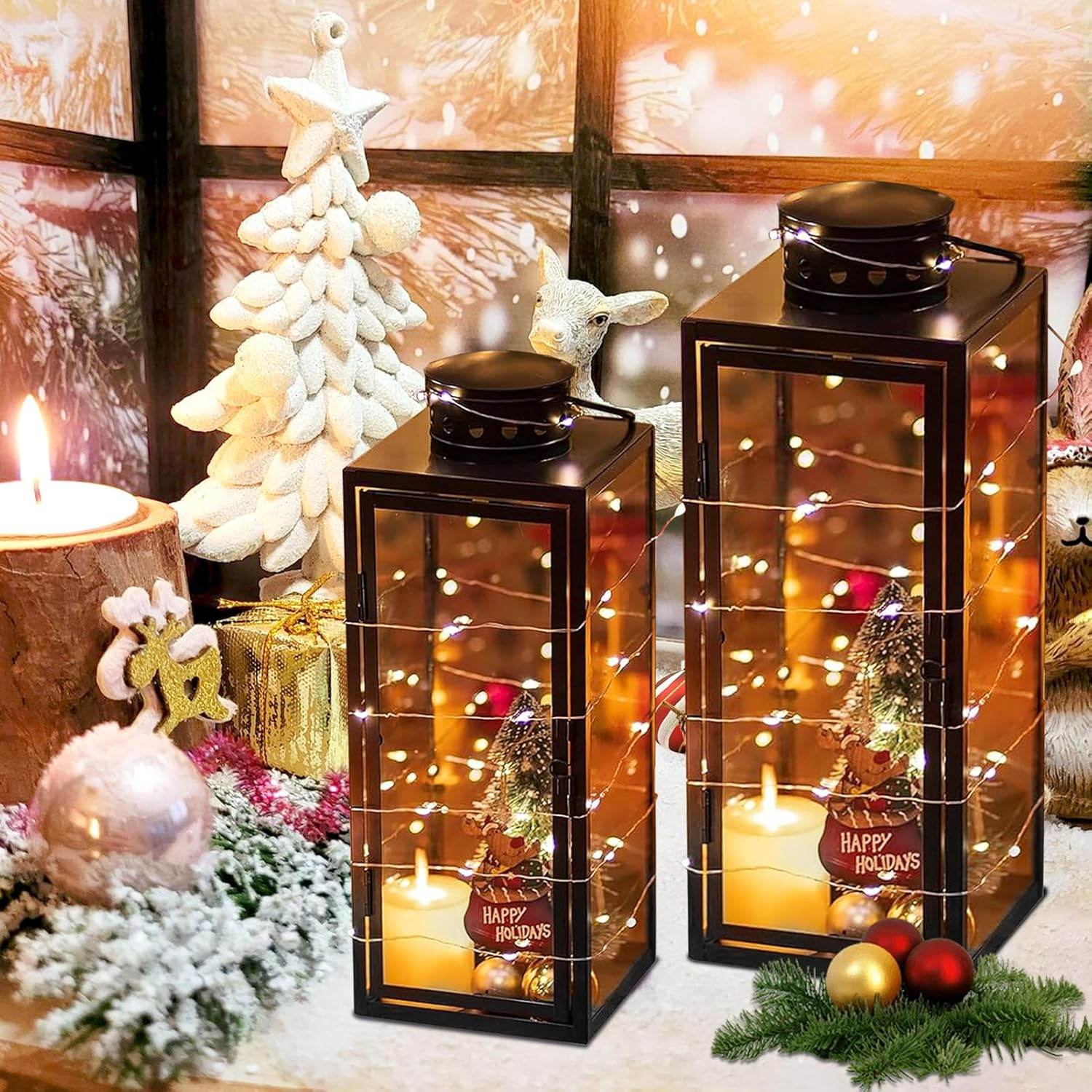 Lantern for Candles, Pack of 2, (24 + 35 Cm High) Garden Lantern, Metal Lanterns for Outdoor Use, Large Lanterns, Grave Lantern, Candle Lantern, Glass Lantern, Hanging Christmas Day Decoration, Black image number 5