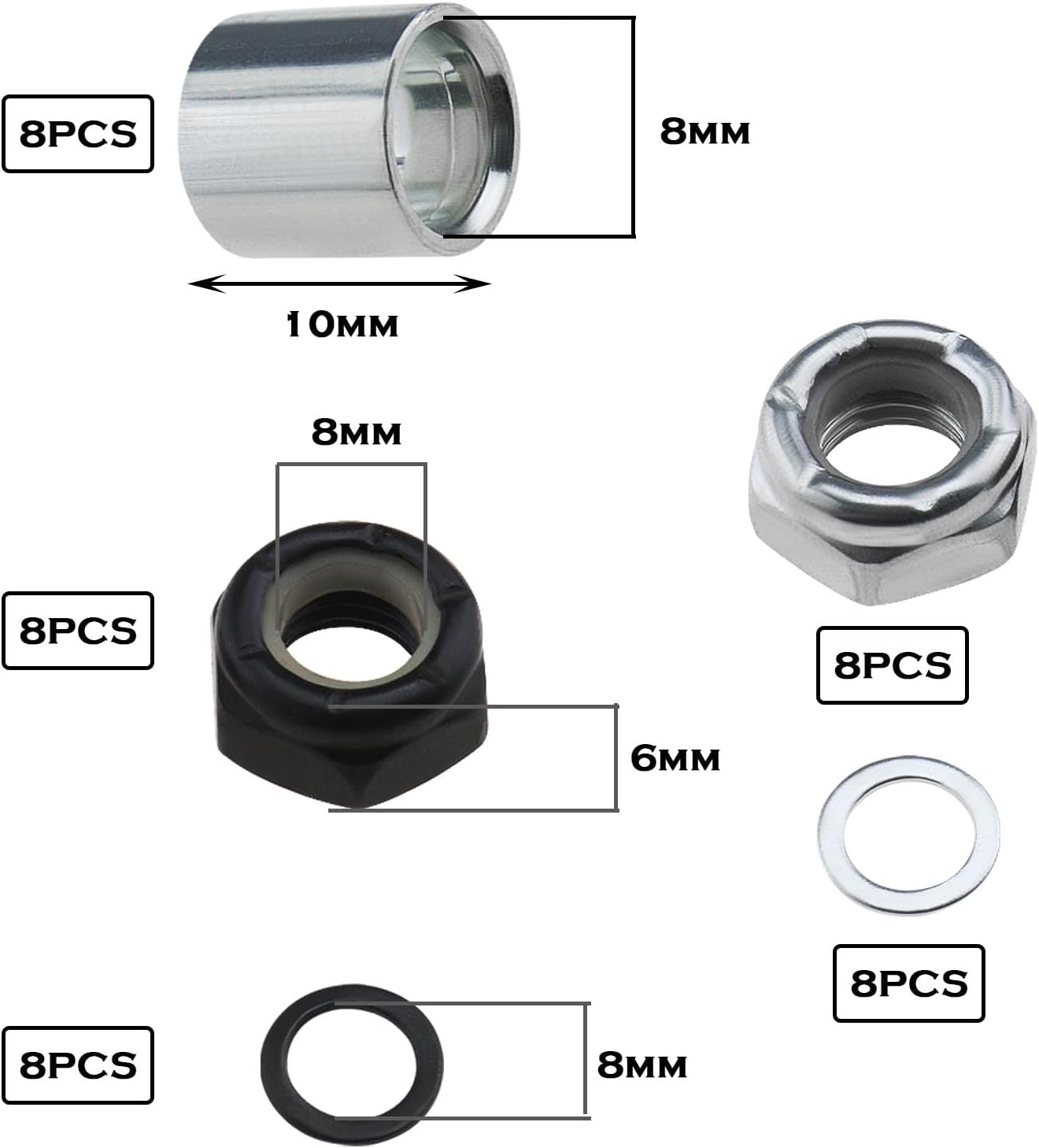 Emagtech 2 Sets Skateboard Truck Rebuild Kit Speed Washers & Bearing Spacers & Lock Nuts for Skateboards/Long Board Trucks (Black & Silver) image number 2