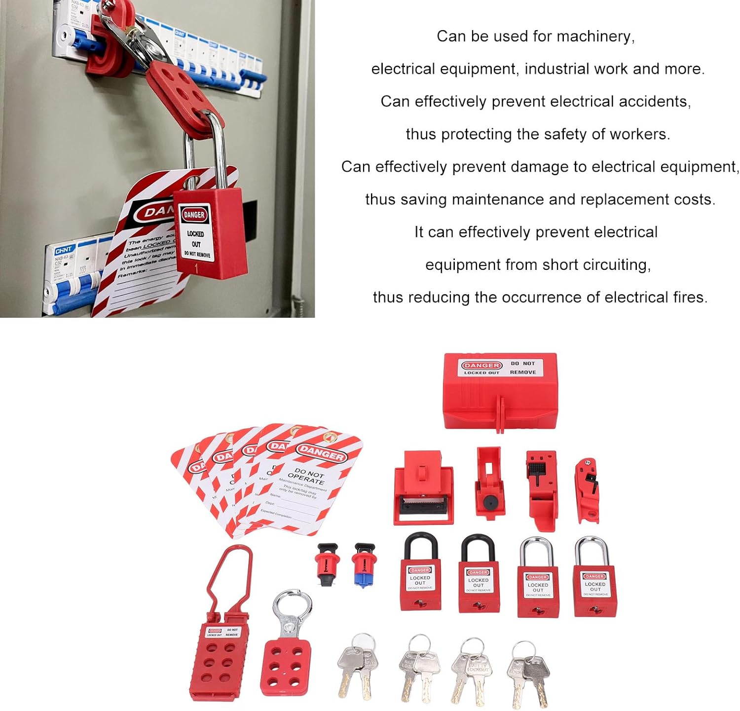Electrical Lockout Tagout Kit, Circuit Breaker Lockout Kit with Storage Bag, Lockout Tags, Group Lockout Hasps, for Machinery, Electrical Equipment, Outdoor image number 3