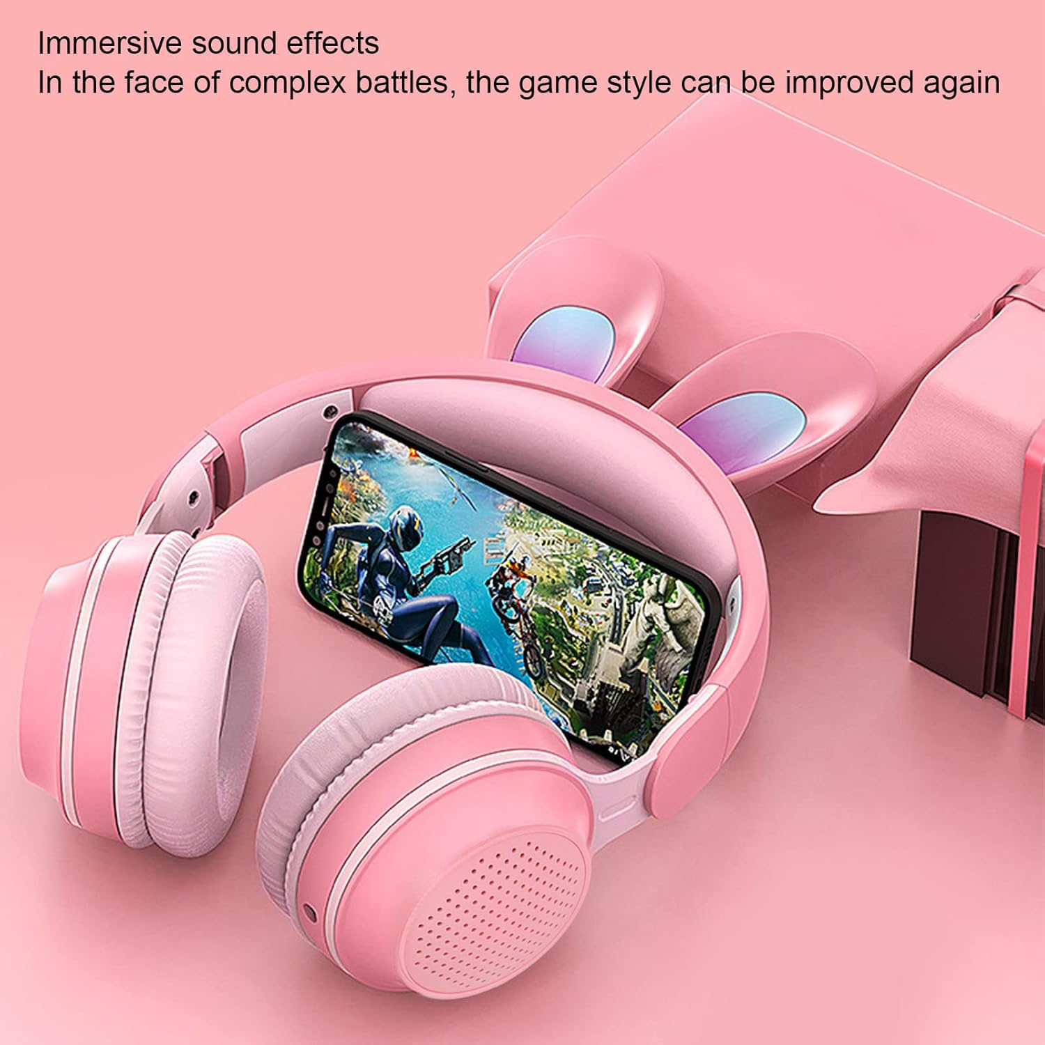 ASHATA Foldable Bluetooth 5.0 Headphones with Microphone, Cute Rabbit Ear, Wireless, Over-Ear Headphones for Green Children, Teenagers, Adults, 12 Hours Listening Time, Tf/Aux, Built-In in 7 Models, image number 6
