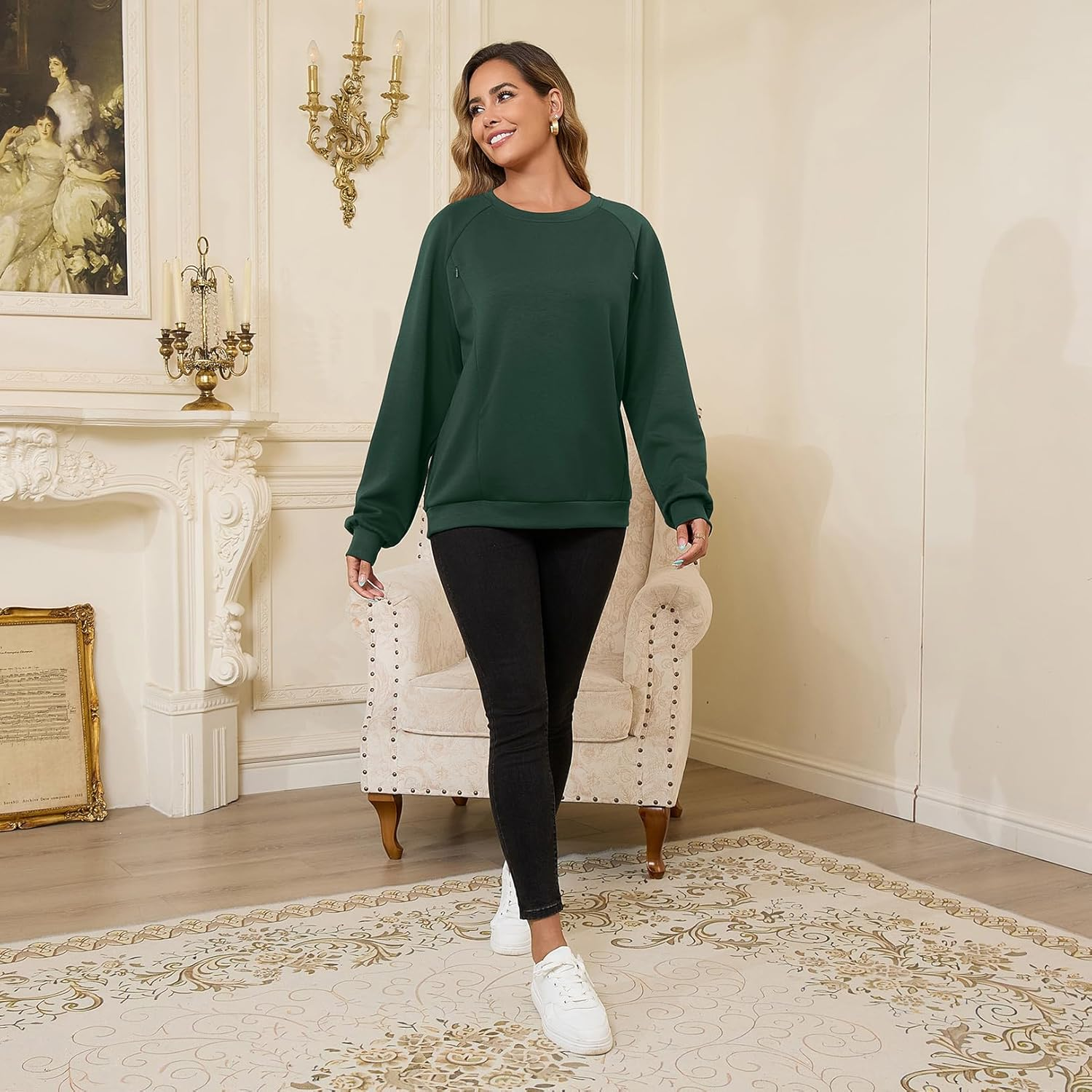 DEBELLY Nursing Friendly Sweatshirt for Breastfeeding Women Dual Zippers Nursing Top Long Sleeve Crew Neck Casual Wear