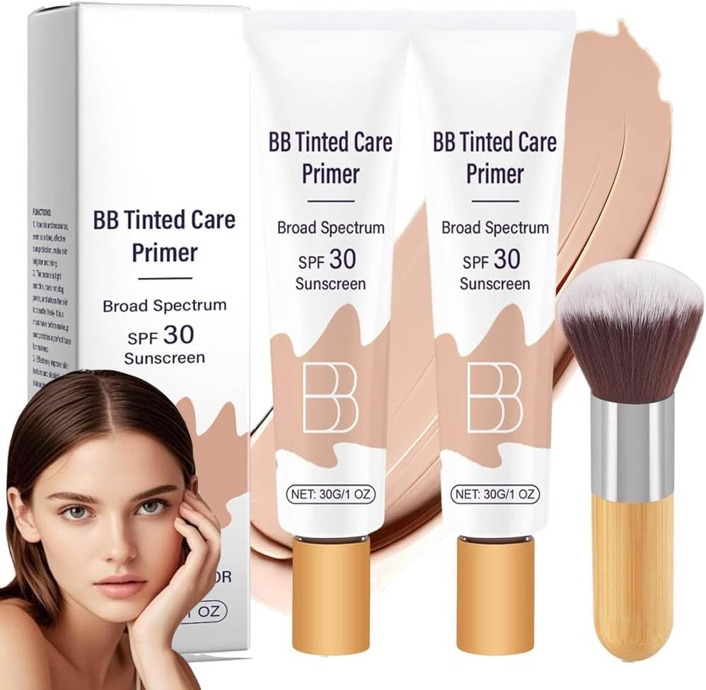 BB Tinted Care Primer with Brush,Bb Cream Tinted Moisturizer with Broad Spectrum,Bb Tinted Moisturizer,Hydrates & Smooths Your Skin,Brightens,Suitable for Women (Wheat, 1Pcs)