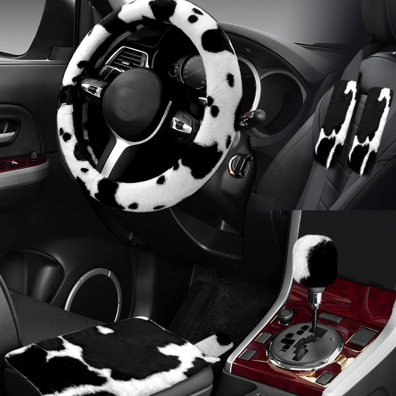 Wazzh 7PCS Set Car Interior Aesthetic Accessories, Fluffy 15 Inch Steering Wheel Cover, Armrest Pad, Seat Belt Cover,Gear Shift Cover, Fit Girly Car Accessories for Women.