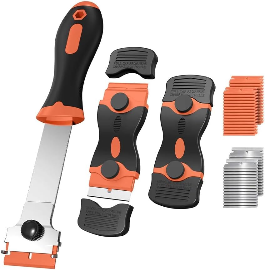 3Pcs Paint Scrapers with 30 Plastic and 30 Metal Blades, Plastic Scraper Glass Scraper, Stove, Sticker Remover, Paint, and Chewing Gum (Orange) image number 4
