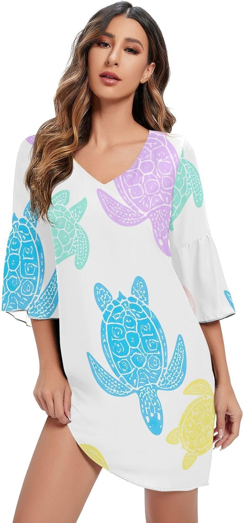 Pastel Sea Turtles White Elegant V Neck Dress Printed Maternity Dress Party S-XXL image number 1