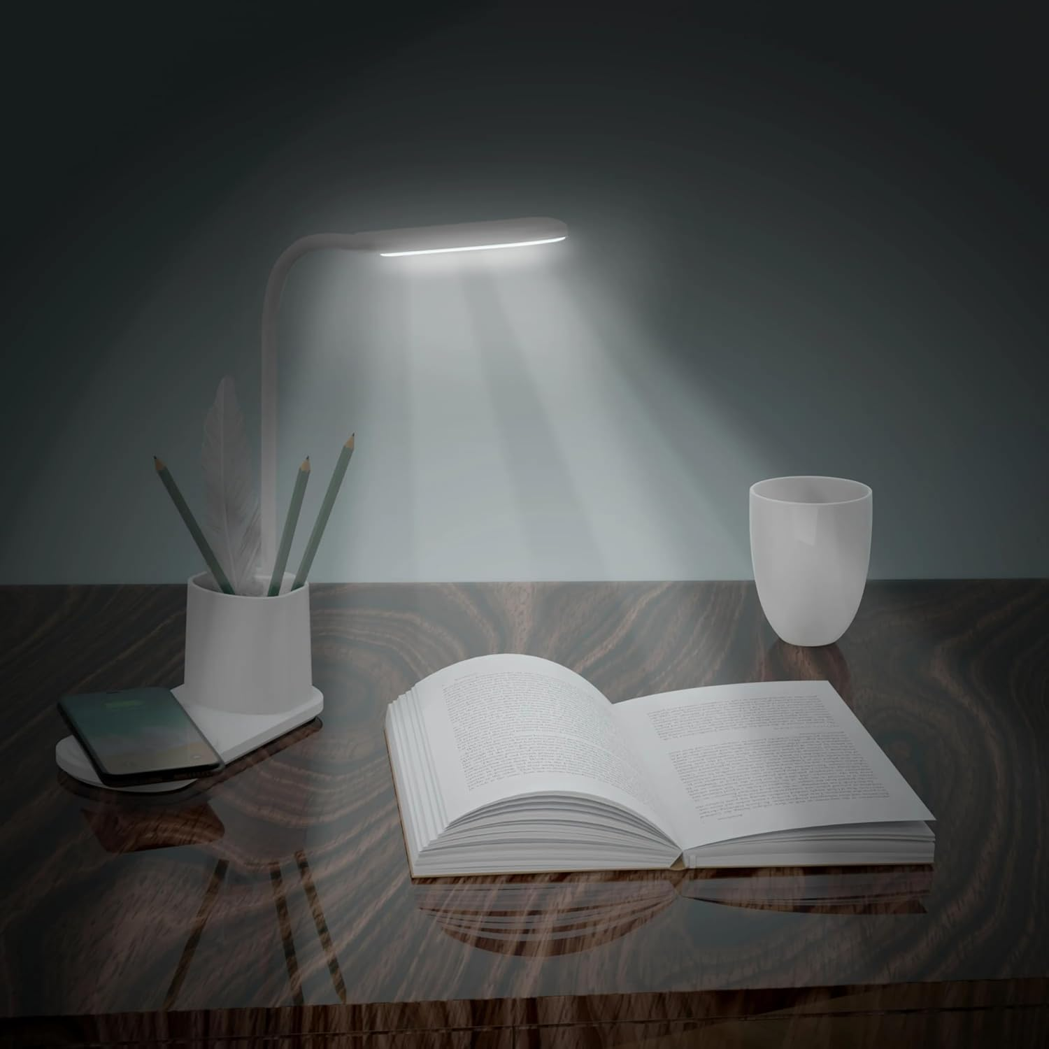 Zenly LED Desk Lamp - Bedside Table Lamp | Eye Caring LED Touch Lamp with 3 Color Modes | Dimmable USB Office Desk Light | Desk Lamp with Wireless Charger | Study Lamp with Adapter (White) image number 2