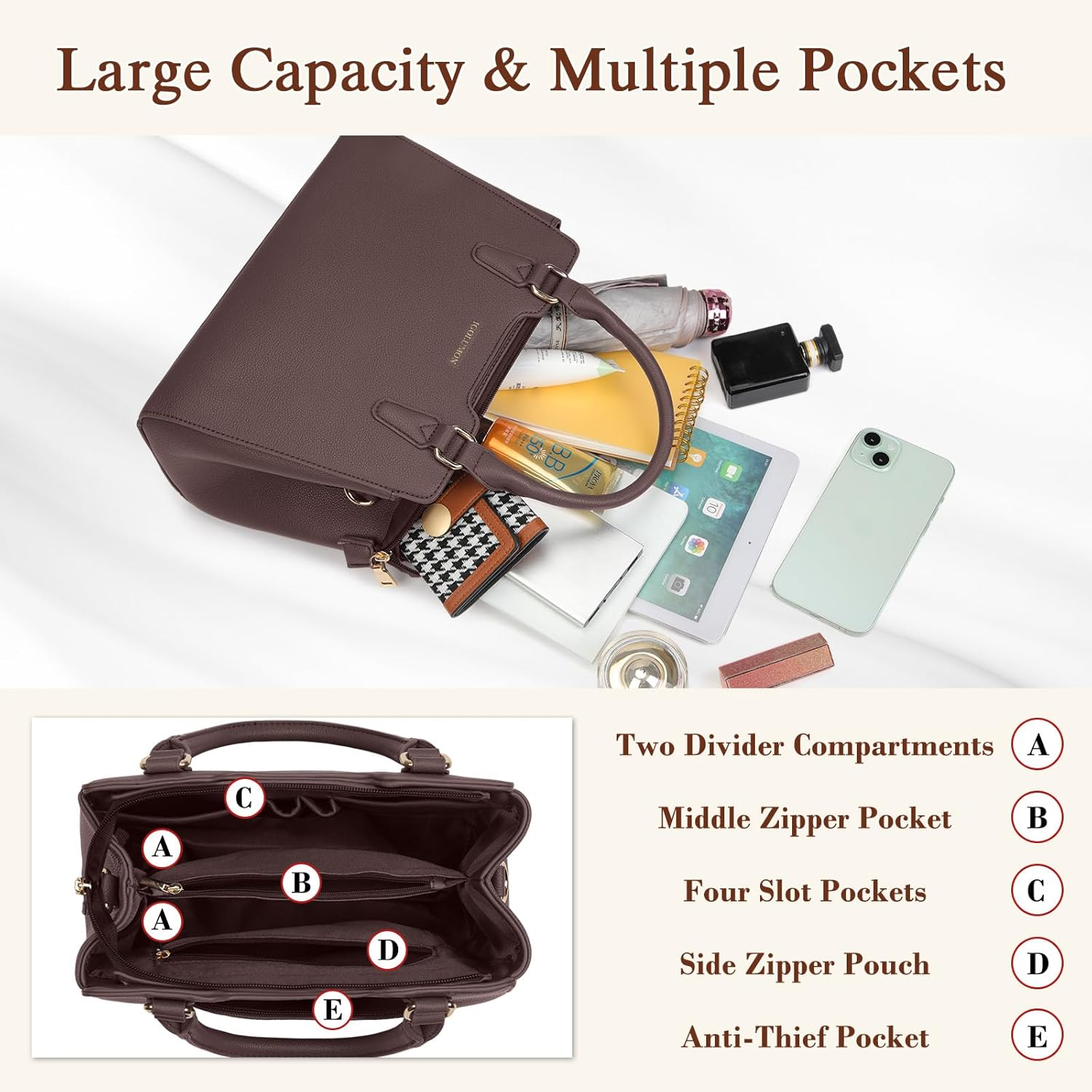 IGOLUMON Women'S Top-Handle Handbags PU Vegan Leather Satchel Purses for Women Designer Tote Purse Handbag with Cute Pompom image number 6