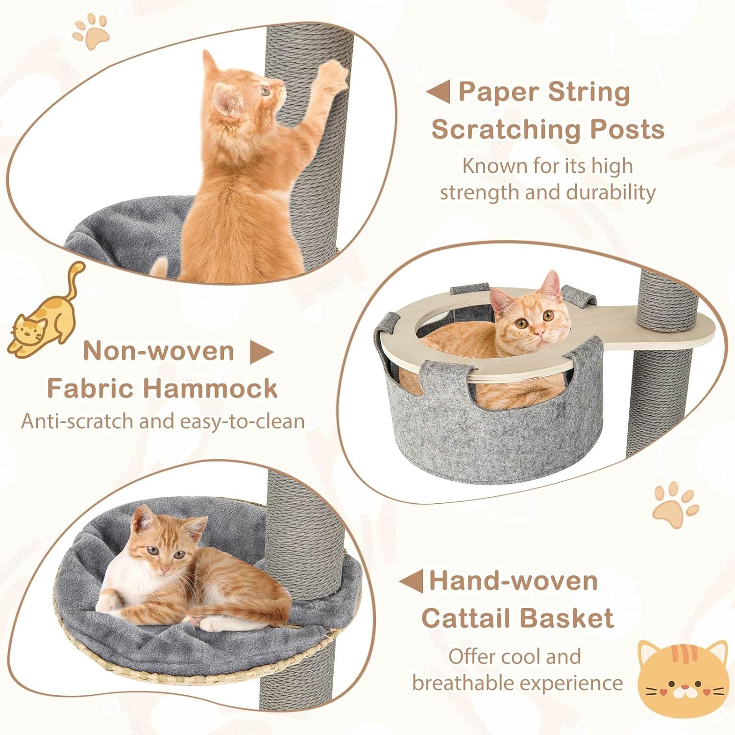 Costway 6-Tier Floor-To-Ceiling Cat Tree, 255-280Cm Adjustable Height, Tall Cat Tower with Cat Condo, Hammock, Scratching Posts, Springboard, Platform, Cat Climbing Activity Center for Indoor Kittens image number 4