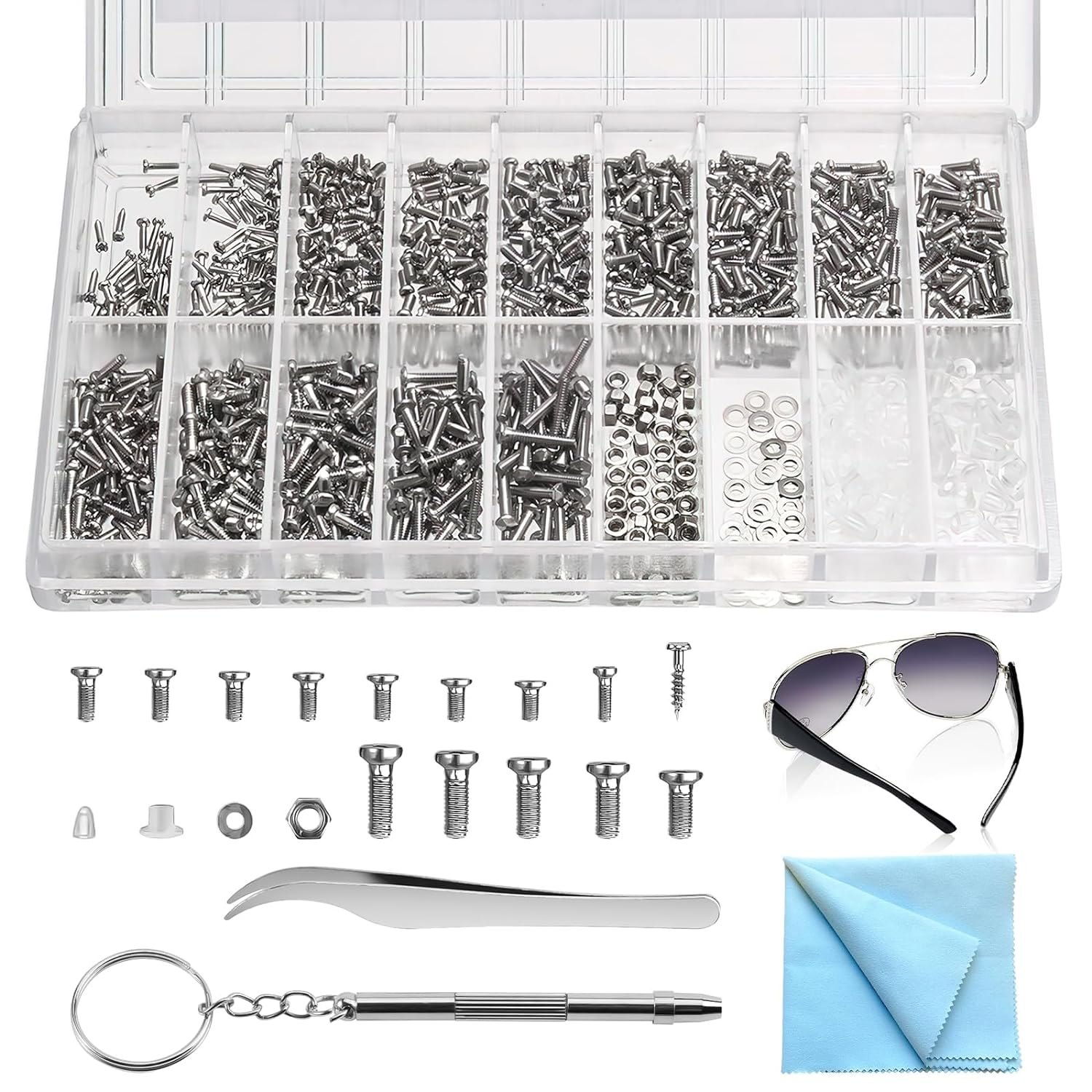 Eyeglasses Repair Tool Kit, Eyeglass Repair Kit with Glasses Screwdriver, 14 Sizes Glasses Screws for Eyeglasses, Sunglasses, Watch, Clock, Electronics Repair (1000Pcs) image number 5