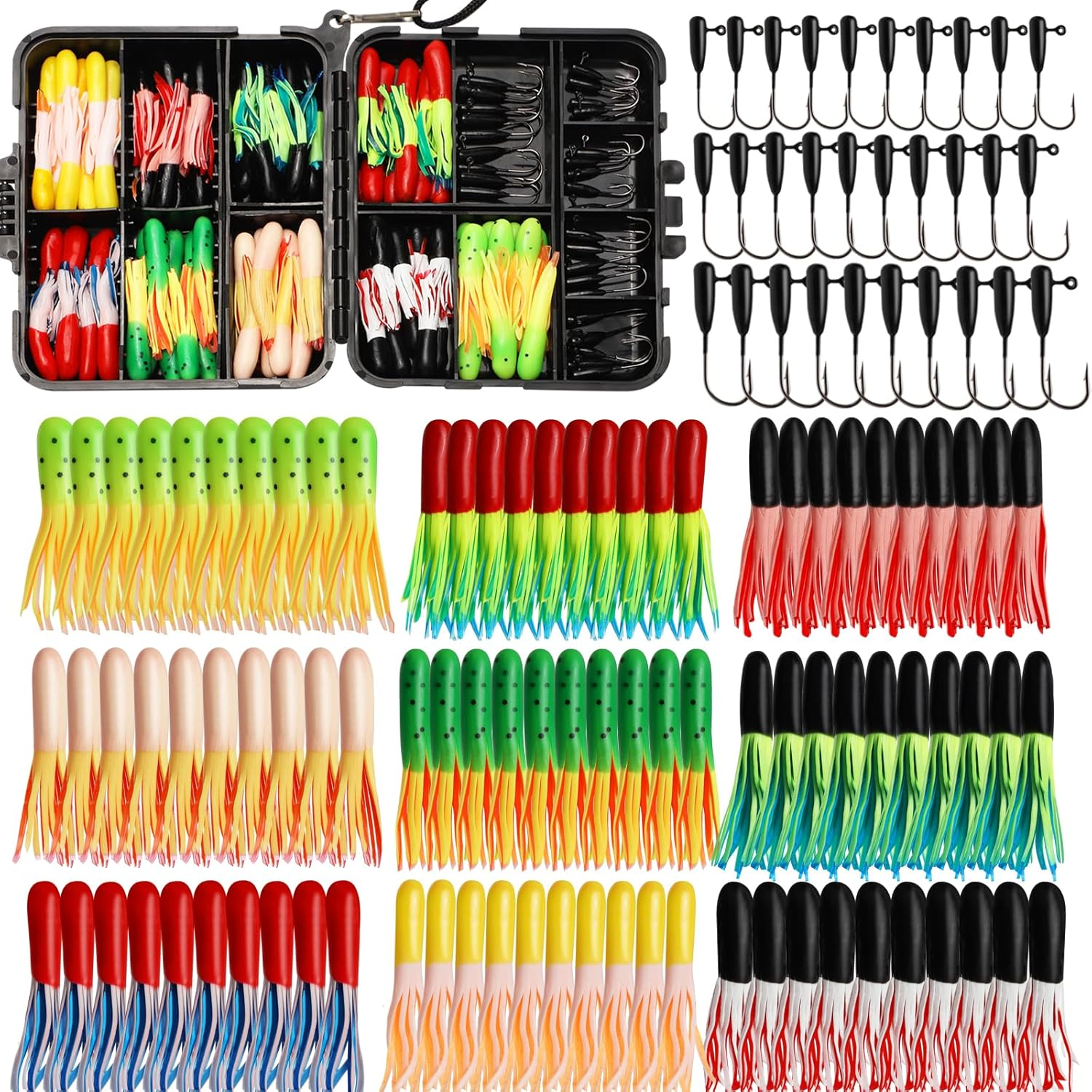 Dovesun 110Pcs Crappie Lures with Jig Heads Hooks Kit- Soft Plastic Grubs-Tubes Bait 80Pcs 1/8 1/16 1/32 Oz 30Pcs Crappie Jigs Fishing Lures Kit for Saltwater Freshwater Fishing /(120PCS-95PCS)