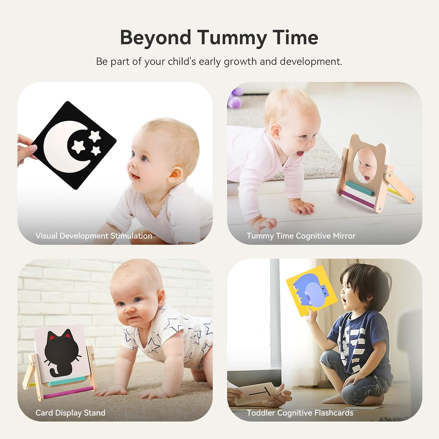 Rotating Baby Safe Mirror with 120 Pages Visual Stimulation Cards - Wooden Tummy Time Mirror Toys - Black White Red and Color High Contrast Baby Flashcards for Brain and Cognitive Development