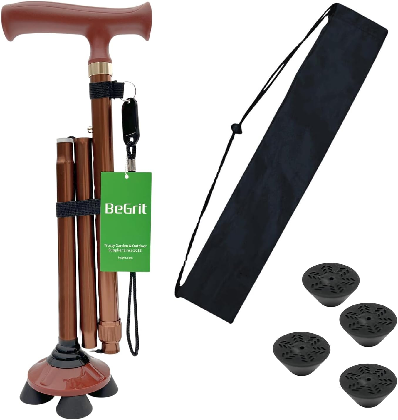 Begrit Adjustable Walking Stick Aluminum Folding Canes with Ergonomic Grip Carry Bag Free Standing Metal Collapsible Durable Walking Aid for Women Men Ladies Disabled