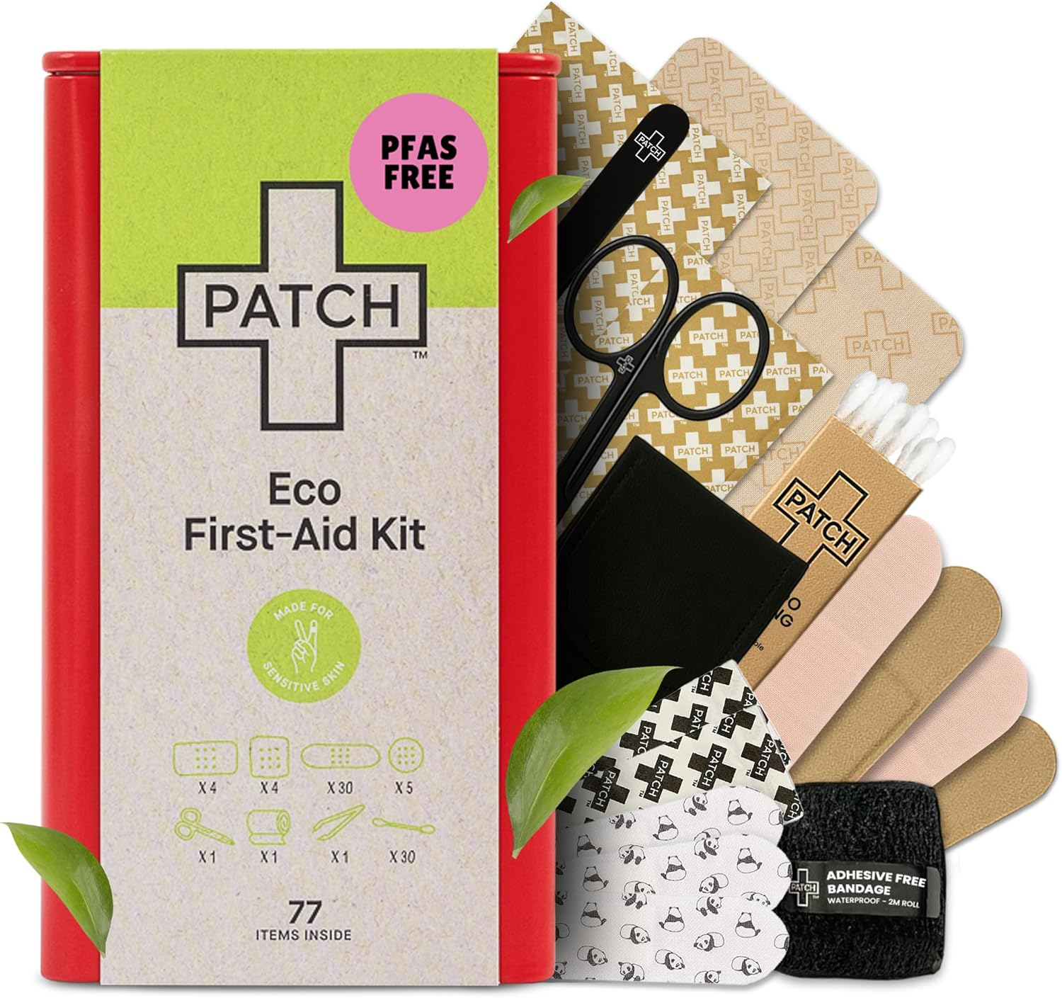 Patch Eco First Aid Kit, Assorted Hypoallergenic Adhesive Sizes Large and Small Bandages for Sensitive Skin, Essential Medical Supplies in a Reusable Tin, Latex Free, Sensitive Skin Bandages, 77 Ct image number 5