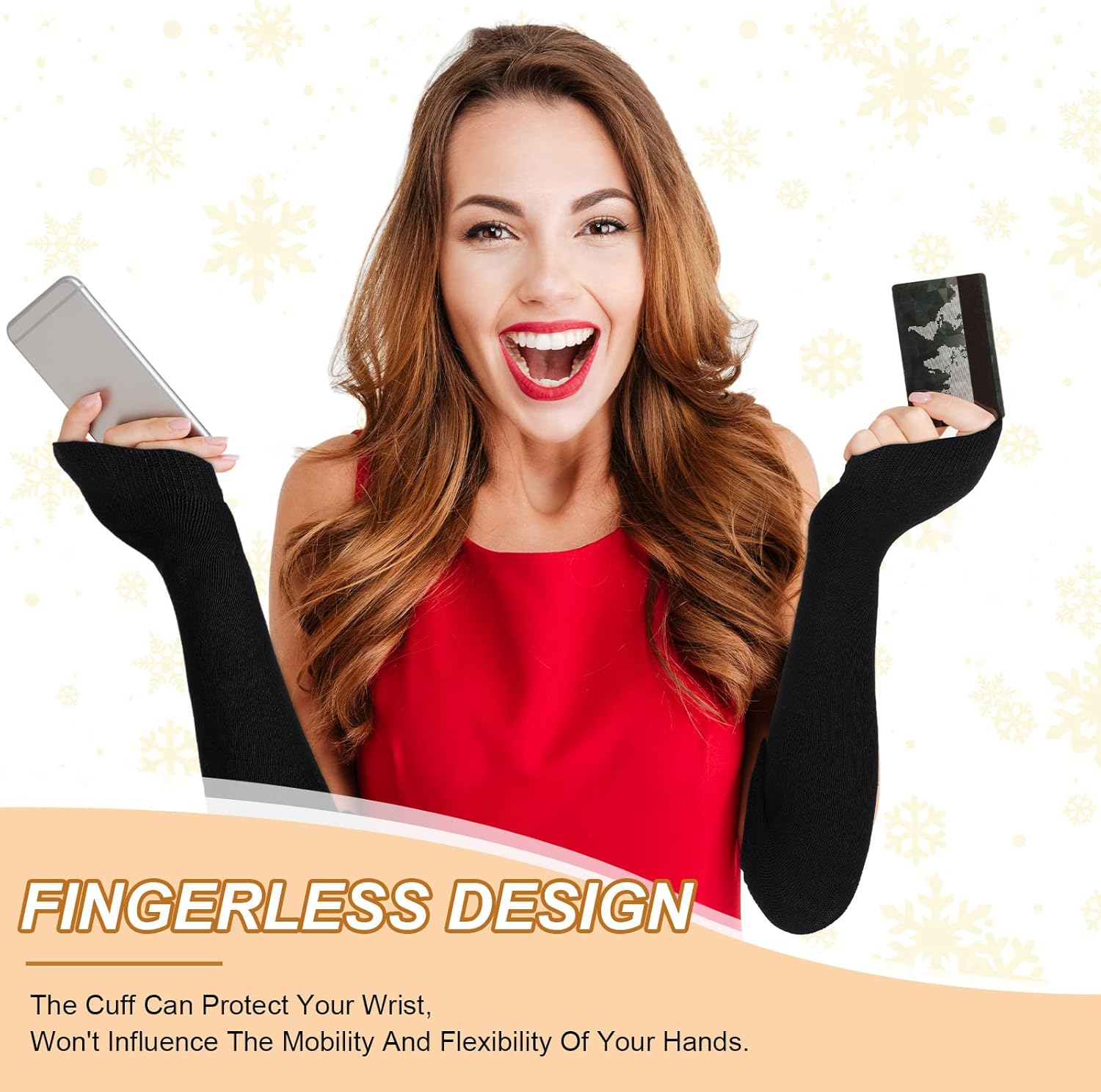 Long Black Fingerless Gloves Arm Warmers Elbow Length Winter Thermal Stretchy Knitted Gloves with Thumb Hole for Women image number 1