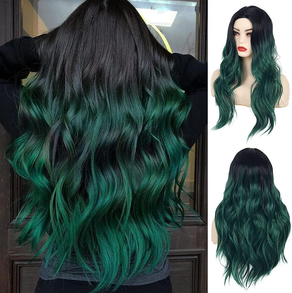 Beweig Long Curly Hair Waves Ombre Black Green Wig Synthetic Natural Middle Part Cosplay Costume Hair Women Wig