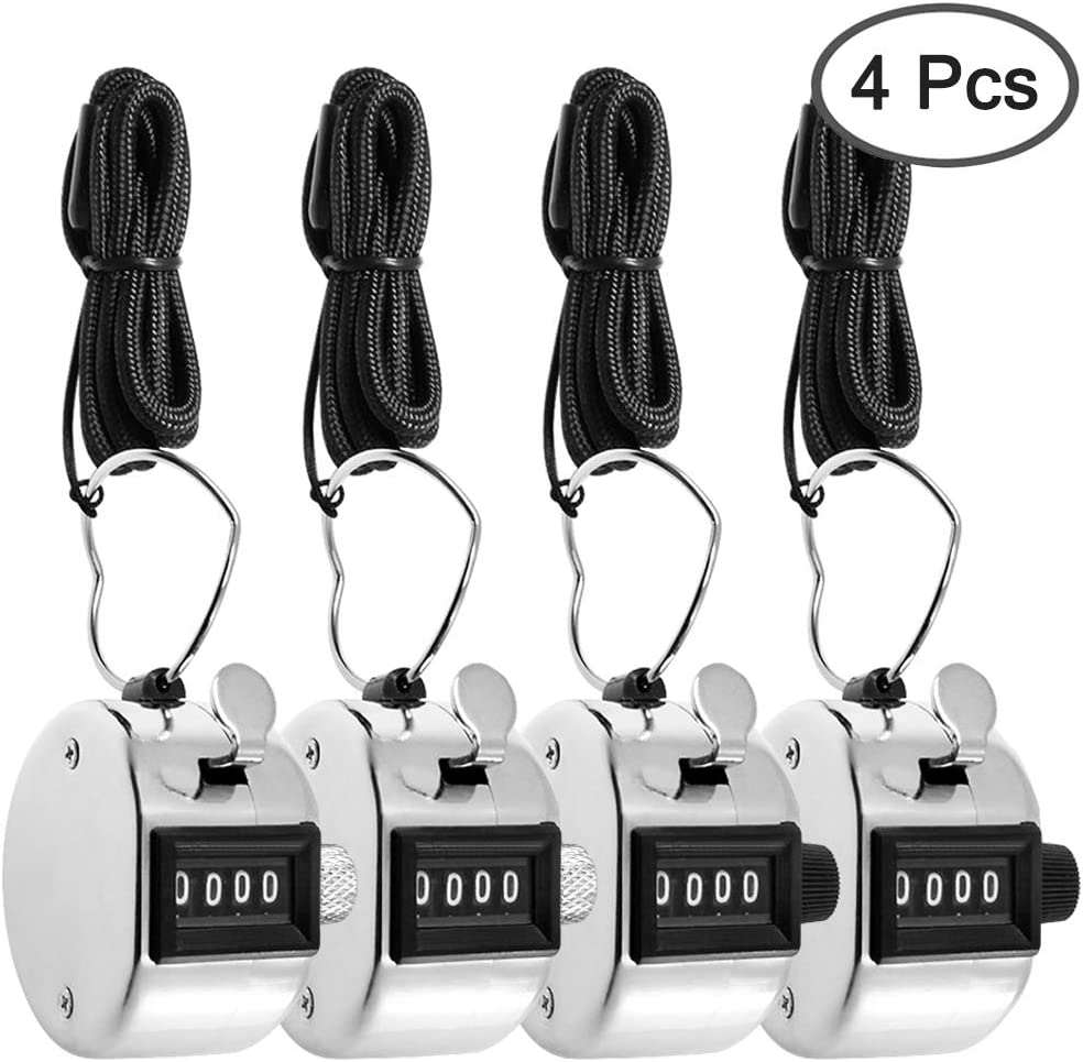 AFUNTA 4 PCS 4 Digit Hand Tally Counters Hand Held & 4 Lanyard, Mechanical Manual Clicker Number Lap Tracker with Metal Finger Ring Hoop Holder Fit Stadium Coach - Silver image number 4