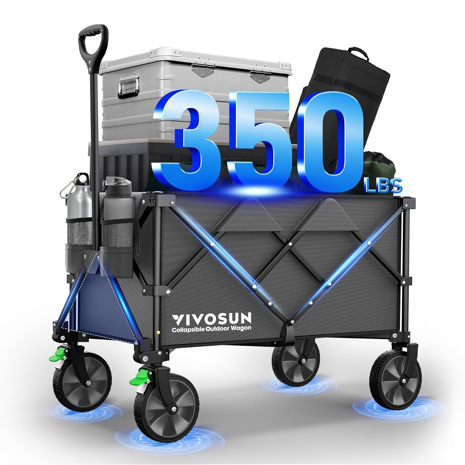 VIVOSUN Heavy Duty Folding Collapsible Wagon Utility Outdoor Camping Cart with Universal Wheels & Adjustable Handle, Blue