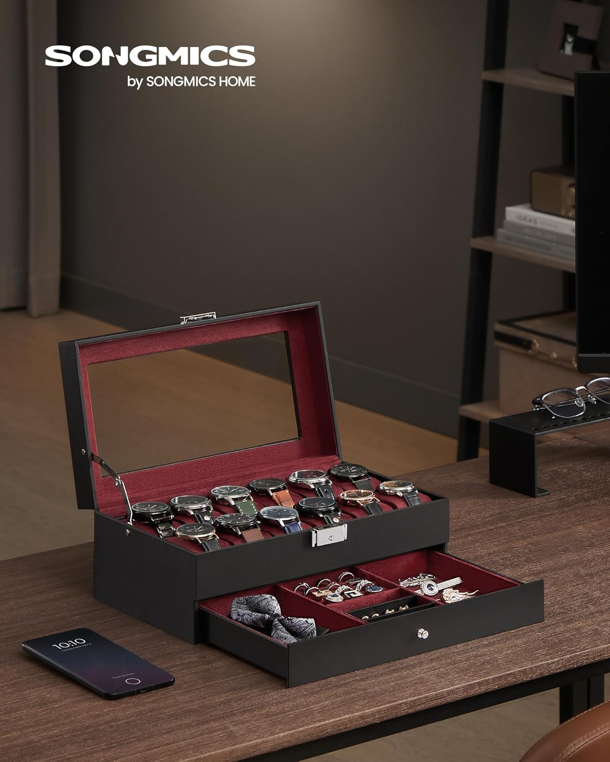 SONGMICS 12-Slot Watch Box, Lockable Watch Case with Glass Lid, 2 Layers, with 1 Drawer for Rings, Bracelets,Black Synthetic Leather, Wine Red Lining UJWB012R01 - Black + Gray image number 3