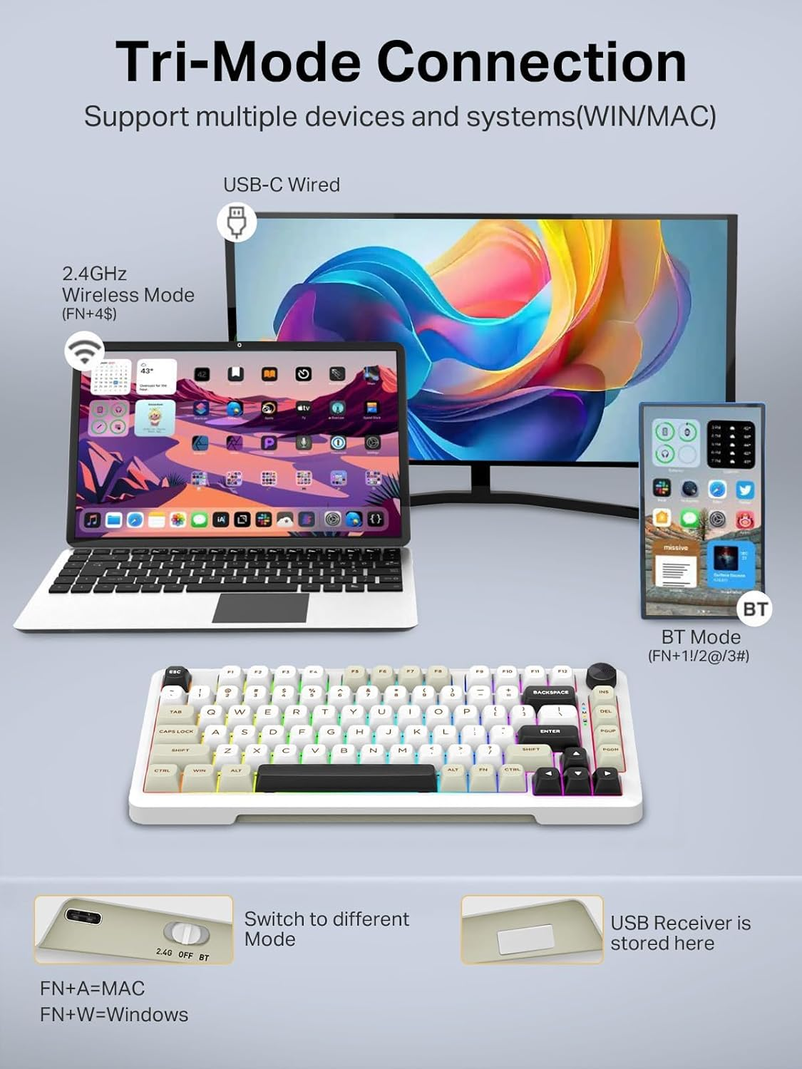 E-YOOSO Z82 Wireless Mechanical Keyboard, 3-Modes 81 Keys Compact, 75% Gasket Hot Swappable RGB Gaming Keyboard with Dedicated Knob Control and Sound Absorbing Pads, PBT Keycaps image number 4